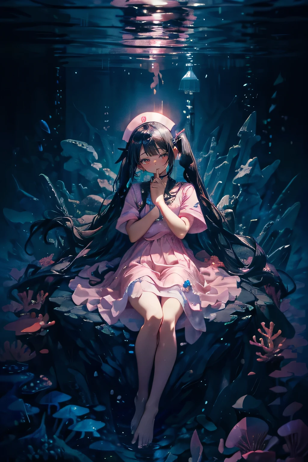 (masterpiece、Highest quality、Highest quality、Official Art、Beautiful and beautiful:1.2)、(One girl:1.3)Hatsune Miku、Twin tails,Beautiful breasts,(masterpiece, Highest quality), Intricate details, 8K, Art Station, wallpaper, Sharp focus, ca3,(Black background:1.45),(Transparent Background:1.3),{(Depth of written boundary:0.5)},(glass strips:1.2),[(Glass bottle:1.15),(Girl in a bottle:1.45):(Sitting Girl)], repair,cute,whole body, Tuyul in a jar,（Colorful butterflies）, (Ferromosa),(Butterfly Harmony), 