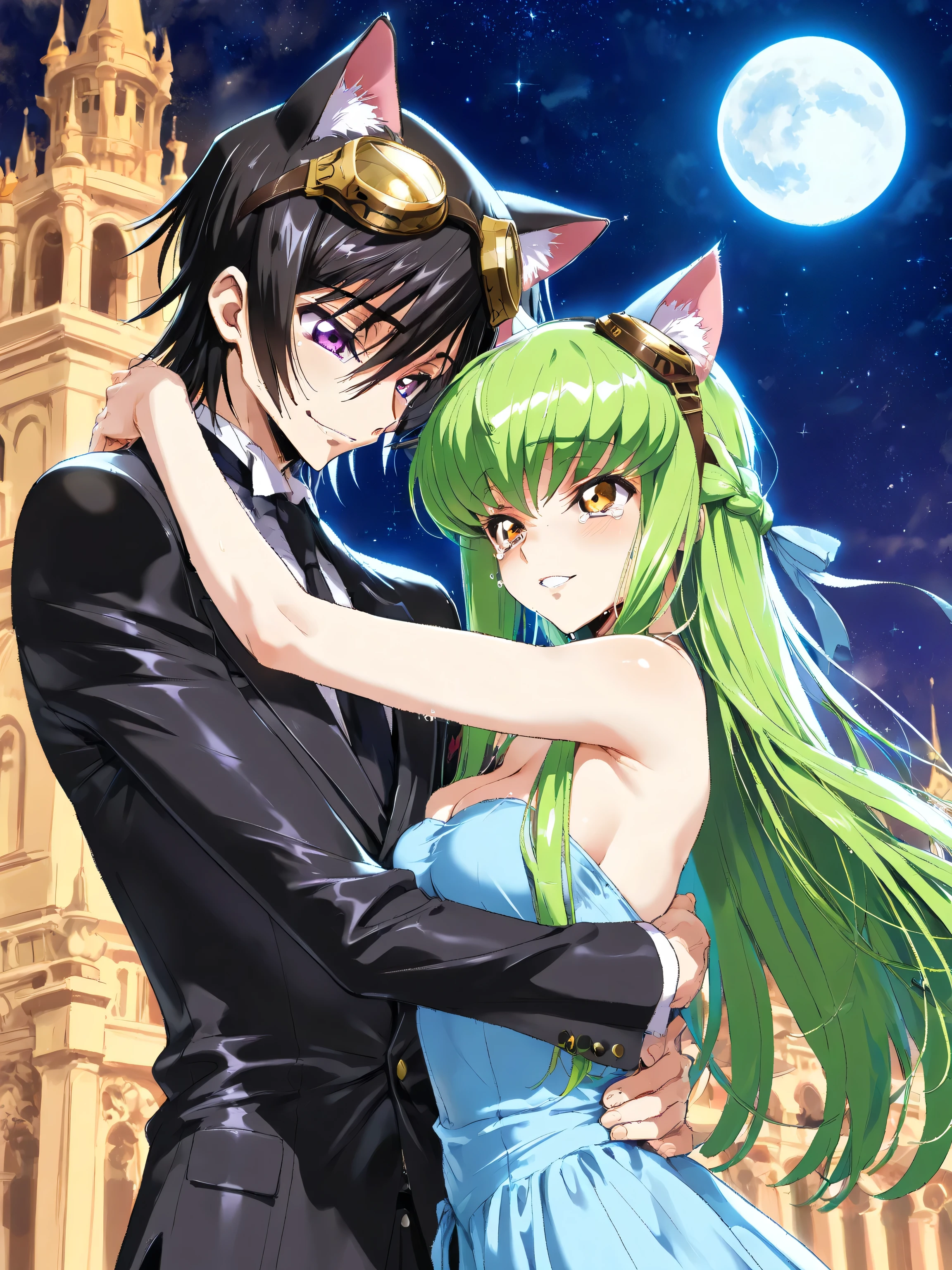 (Cat ears、and wear gold detailed goggles over my head:1.35), Greatest Masterpiece, Code Geass: Lelouch, Takahiro Kimura, ルルーシュとc.c.Depicts an emotional scene where they face each other and hug each other, Fantastic and beautiful depiction, Lelouch is in a black suit costume、c.c.Is wearing a blue dress,c.c.Is a complicated hairstyle and beautiful, The diamond decorations are sparkling, creating a space for only 2 people、Lelouch captivates her with her manly, relaxed smile、c.c. is shedding tears ,tears are shedding in the wind and sparkling, A characteristic background with a full moon, The two swear together on the castle terrace