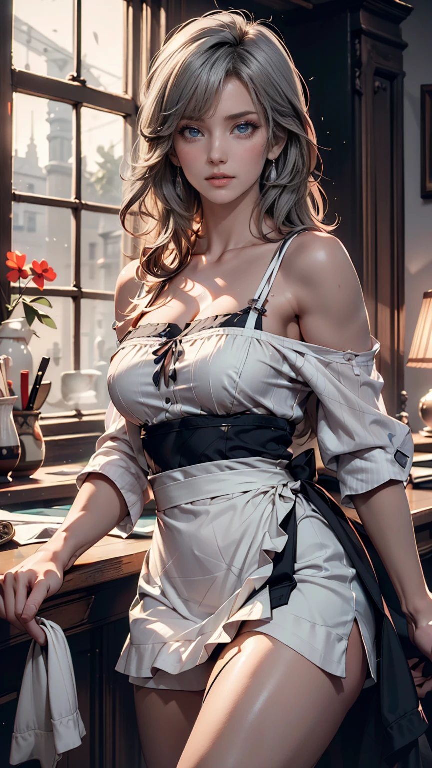 24-year-old female、Silver Hair、Twin tails、Sexy、Sexy proportions、High neck zipper up top with lace embellishment、Lower milk visible、Mini length pleated skirt、Choker with lace embellishment