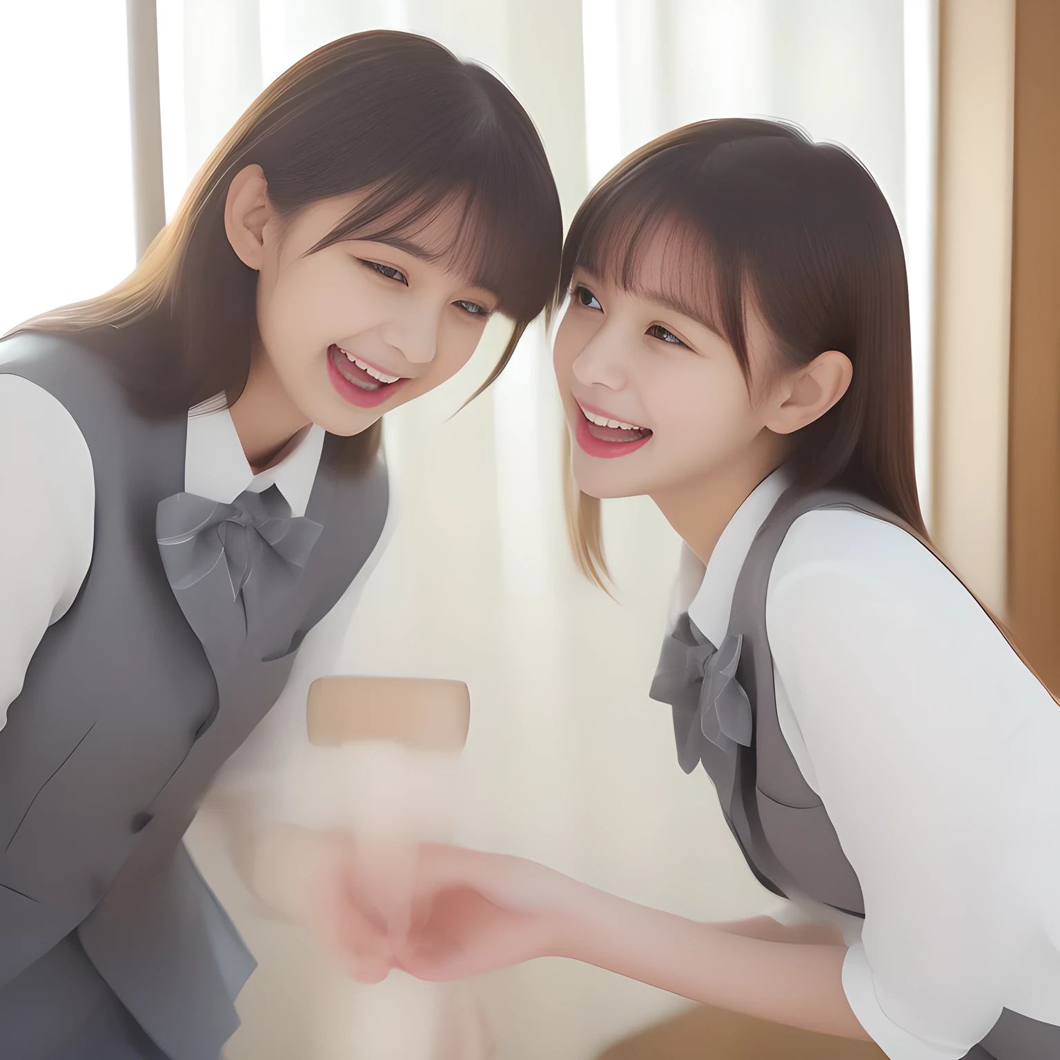 (highest quality, masterpiece, high resolution:1.2), 4K, (Photo quality clearly detailed foreground: 1.5), geometry, (Two neat & clean girls are bursting into laughter. (Small well-groomed face with feminine intelligence). Some of Cute noble girly Japanese photo model are seated and looking at the top of the bottle in front of them with their cute beautiful eyes like laughing fashion model: 1.3), (Using expensive face-whitening cosmetics to make her skin more beautiful and pure by professional makeup artist: 1.5), (Face and eyes are especially detailed beautifully: 1.5), Laughing cutely, ((Light-Gray) Japanese school girly vest uniform with neat girly light-yellow school blouse, puffed shoulders: 1.2), (white socks and school loafers, kicking back: 0.7), (Dark blue glossy glossy school ribbon on the breast: 1.0), (Beautiful light-amber large clear open eyes with balanced and detailed cutely: 1.4), (double eyelids: 1.0), (highly curled bangs: 1.2), (Expressing the greatest joy with her whole body: 1.2), (Glossy lips: 1.0), (beautiful bobbed shining hair: 1.7), (cute earrings), (white and clear skin: 1.0), (Laughing cute princess's eyes looking at me: 0.8), (Very shy, cute, slender, pretty, pretty, too girly & Girlish: National Beautiful Girl Grand Prix winners: 2.0), (The girls knows well about the viewer's super fetishism for high-school uniforms, and satisfies it completely: 1.5), (High class cosmetics promotion to make everyone noble face, blessed by Venus and Aphrodite in a dark shrine under the school, falling down to the world of Aphrodite: 1.6), (they are laughing with widely open mouth as if watching a very cute and funny thing happening just in front of their beautiful eyes: 2), ((The hands of girls) are holds and scrambling for an opened transparent milk bottle ((in front of their eyes)): 1.8)