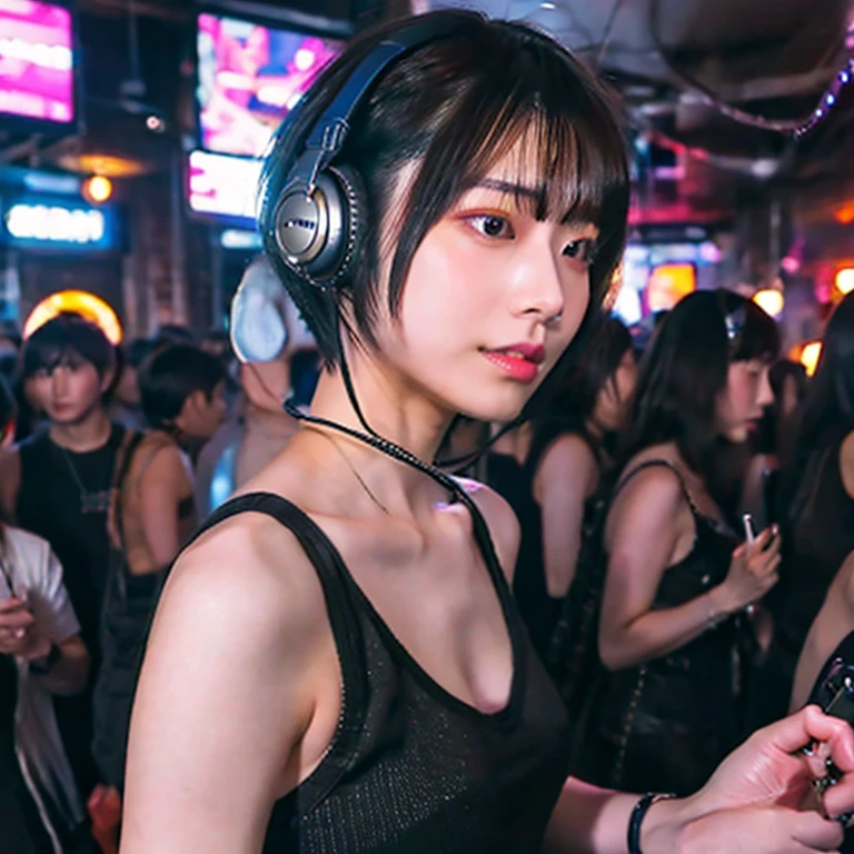 A bar surrounded by stars。A young and beautiful woman、At the bar window、With headphones、While listening to music、Drinking canned chuhai。she、With dark brown short hair、Droopy eyes、and、round face。Blue bikini bra and、Denim shorts、Wearing。
