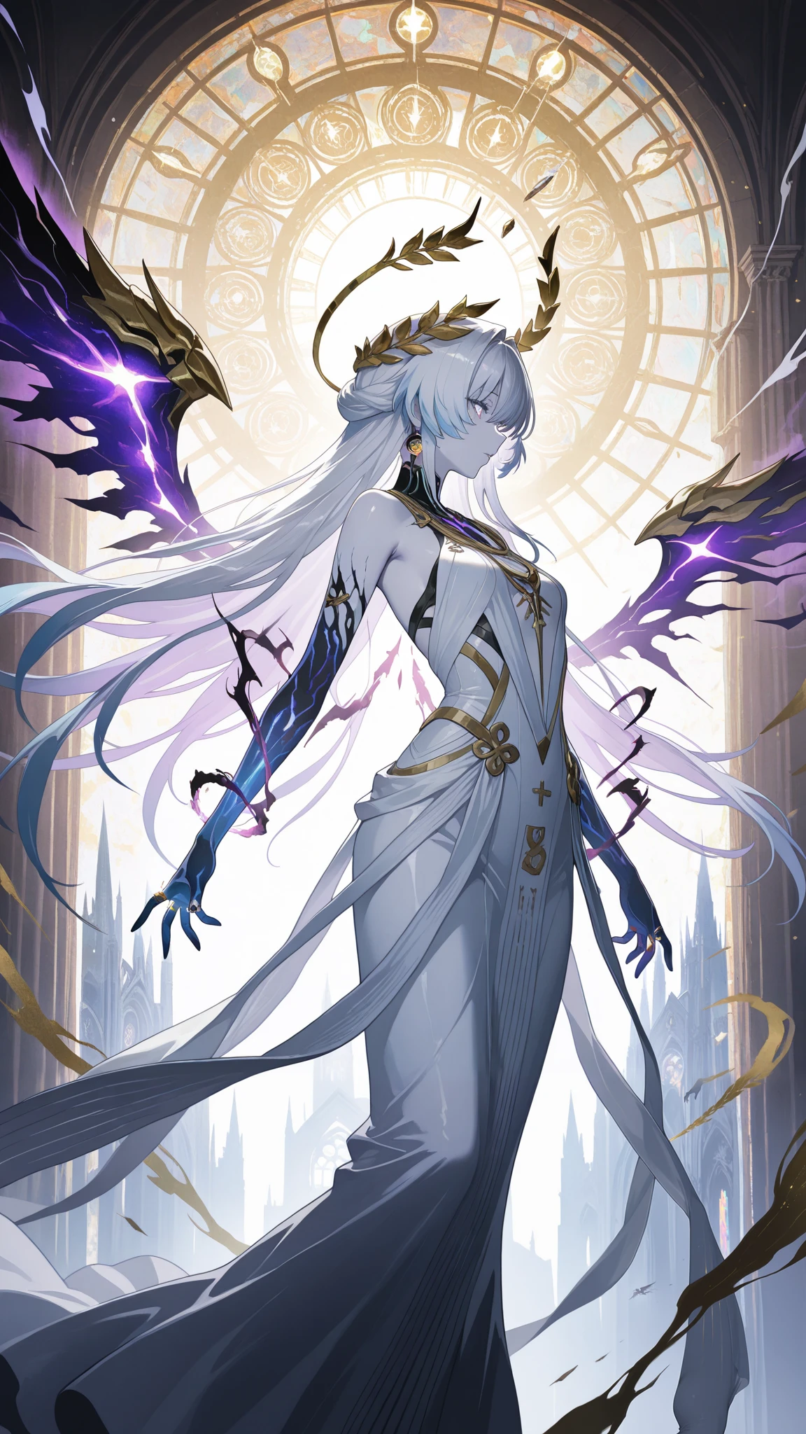Anime illustration, abstract background, colorful, light reflection, 1girl, upper body shot, detailed skin, extremely detailed eyes, dynamic pose, flying, floating (laurel crown), (corrupted energy, foggy aura:1.1), crystal light, Fallen Cathedral, backlighting, backlit, ancient greek clothes, priestess, shining crystal eyes, ring eyes, long dress, mythical astral cosmic cress, cosmic skin, alt cosmic skin, white dress, spread wings, dying angel, masterpiece,best quality,amazing quality, wuthering waves, rover (wuthering_waves), dynamic pose, side profile, from the front AND from the side
