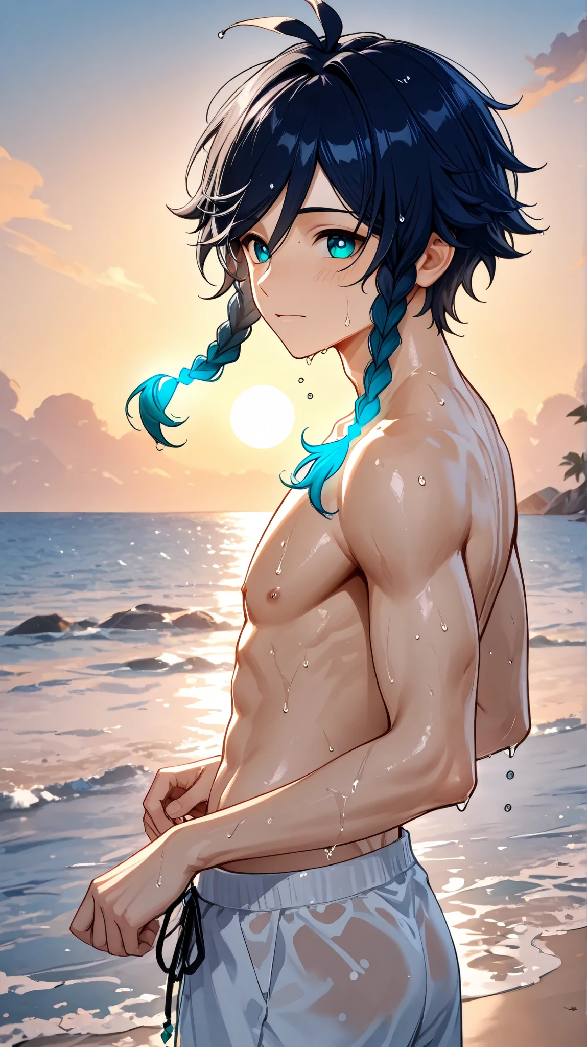 1boy, VENTI (//genshin impact//), shirtless, male summer outfit, beach background, absurdres, ultradetail, wet, dynamic pose