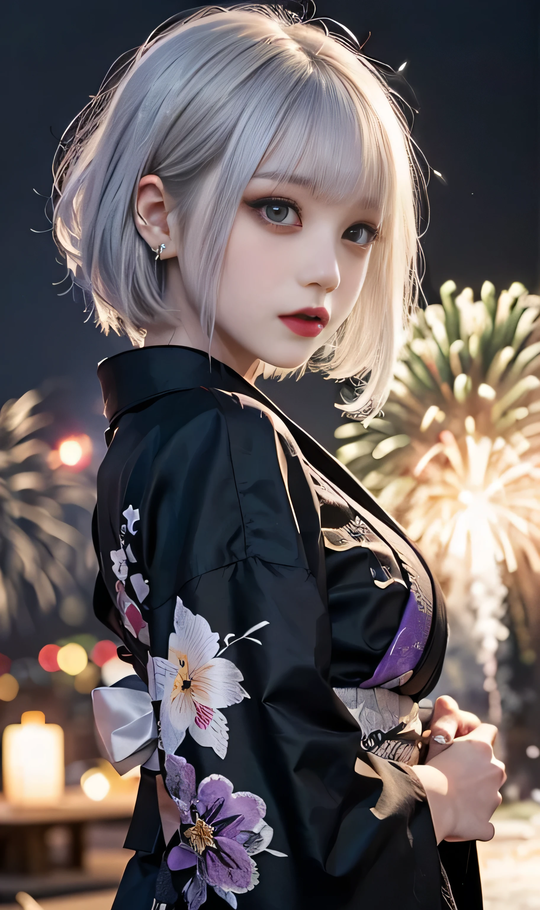 Top quality work with every detail、16K ultra-high resolution stills、 Super High Definition、Asian women as beautiful as goddesses((big breasts:1.5 long lashes、 gothic makeup 、 dark makeup、Purple Lip))Earrings、cute little face、(( short hair、Pure white hair、Albino Hair、 Silver Hair、bangs、))
( fireworks display 、With big fireworks in the background)( girl in a black kimono )(Put your breasts in the middle of the screen、please show the whole fireworks、Photograph from head to waist)