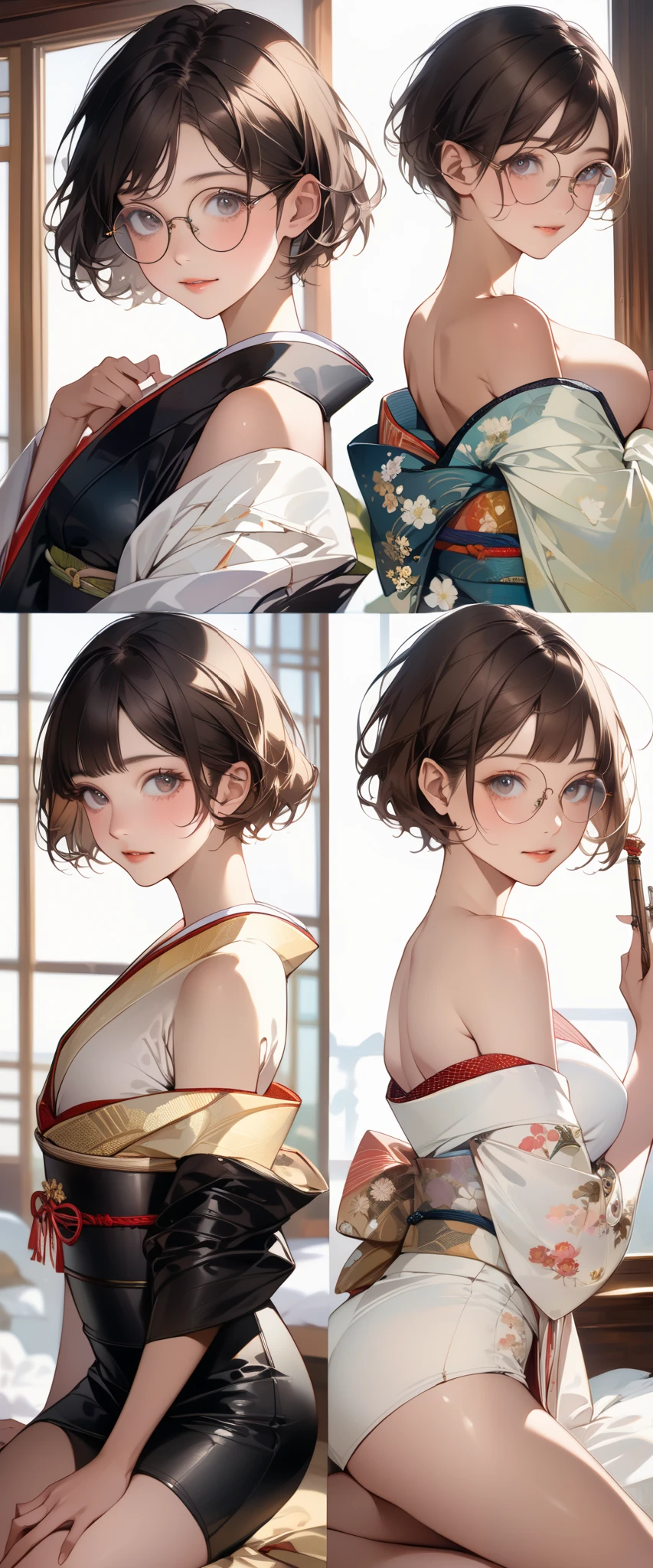 score_9, score_8_Great, score_7_Great, realistic :1.2, Realistic face and eyes:1.3, realistic skin:1.3, Photos of Japanese idols, Beautiful young idol , Perfect model figure., fascinating , rat, (very short hair, Pixie cut, black hair), round glasses , ((( fascinating beauty))), big eyes, double eyelid, Attractive eyes, shiny lips , perfect female body, big breasts:1.8, splitting , round ass :1.4, toned thighs, Beautiful arms and legs , Very good, kimono, bare shoulders are visible, splitting , слегка открытый kimono, seductive pose, bedroom, bedroom Background, attention to detail is easy, anatomically correct, textured leather, high quality tracks