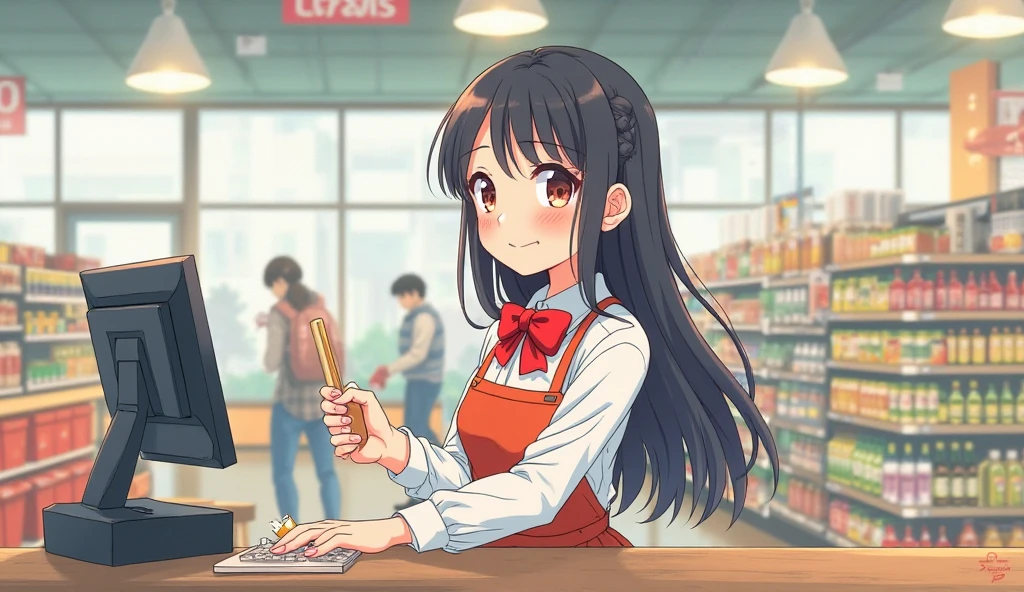 A very tall woman of 1,80m tall and dark skinned with a toned body with short jeans, a tight black t-shirt, waiting for the cashier to finish passing his purchases, the cashier is a shy little boy with a lot of shame, the art is in a hentai manga style with colors, the woman is 37 years old, long black hair eyes with heterochromia one eye is brown and the other is red she has a seductive face with a mischievous smile as she looks at the cashier seductively and holds her chin making him look into her eyes that shine with excitement