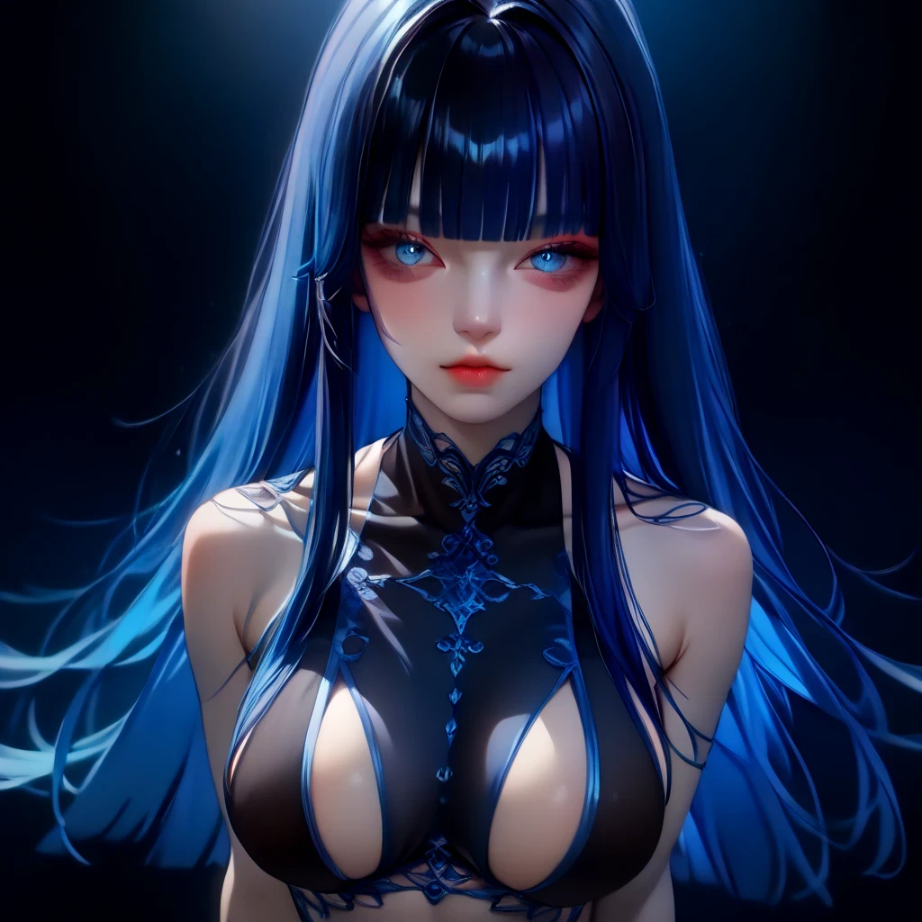 8K, Top Quality, Intricate Details, Ultra Detail, Ultra High Resolution, Masterpiece, selfie, selfie shot (selfie, selfie shot, portrait), ((close up shot, face shot, close up shot, portrait, face shot, passport shot, very close up shot, )),  (full body: 1.1), Slender, Smile, (Makeup: 0.4), ((sexy pose,)), (Fluffy blue Eyes: 1.21), (()), 1girl, solo, 1 girl, ((bangs, blue hair, bangs, , bangs )), close up shot, , ((tall)), (((fit body))), (((slim face))), sharp face, ((, wind blow hair, )),skin tight suits,  ((,bare shoulder,  skin tight suits,) ,skin tight suits, (detailed face), sharp face, small lips, perfect hands, ((walking pose, walk pose)) , ((,  ,)), , ((cleavage, ,)),, detailed face, detailed breast,, huge breast , (()), detail ass, Narrow Waist, Skinny, tall , 175 cm tall, Muscular, Navel, Exposed Abdomen, Pointed Chest,, Beautiful girl with accentuated slender abs: 1.4, Six Pack Abs: 1.4, Bust Botox, Big, Perfect Body, detail leg, (( dark background)), black background,