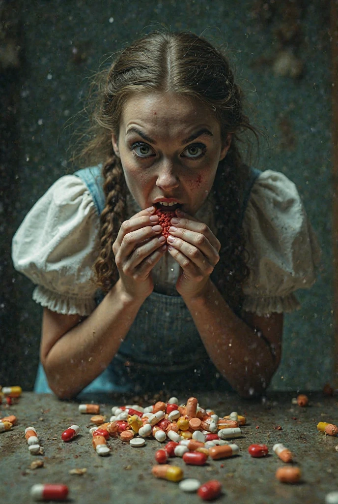 Little girl zombie holding cone of ice cream
made out of humen flesh and eating it