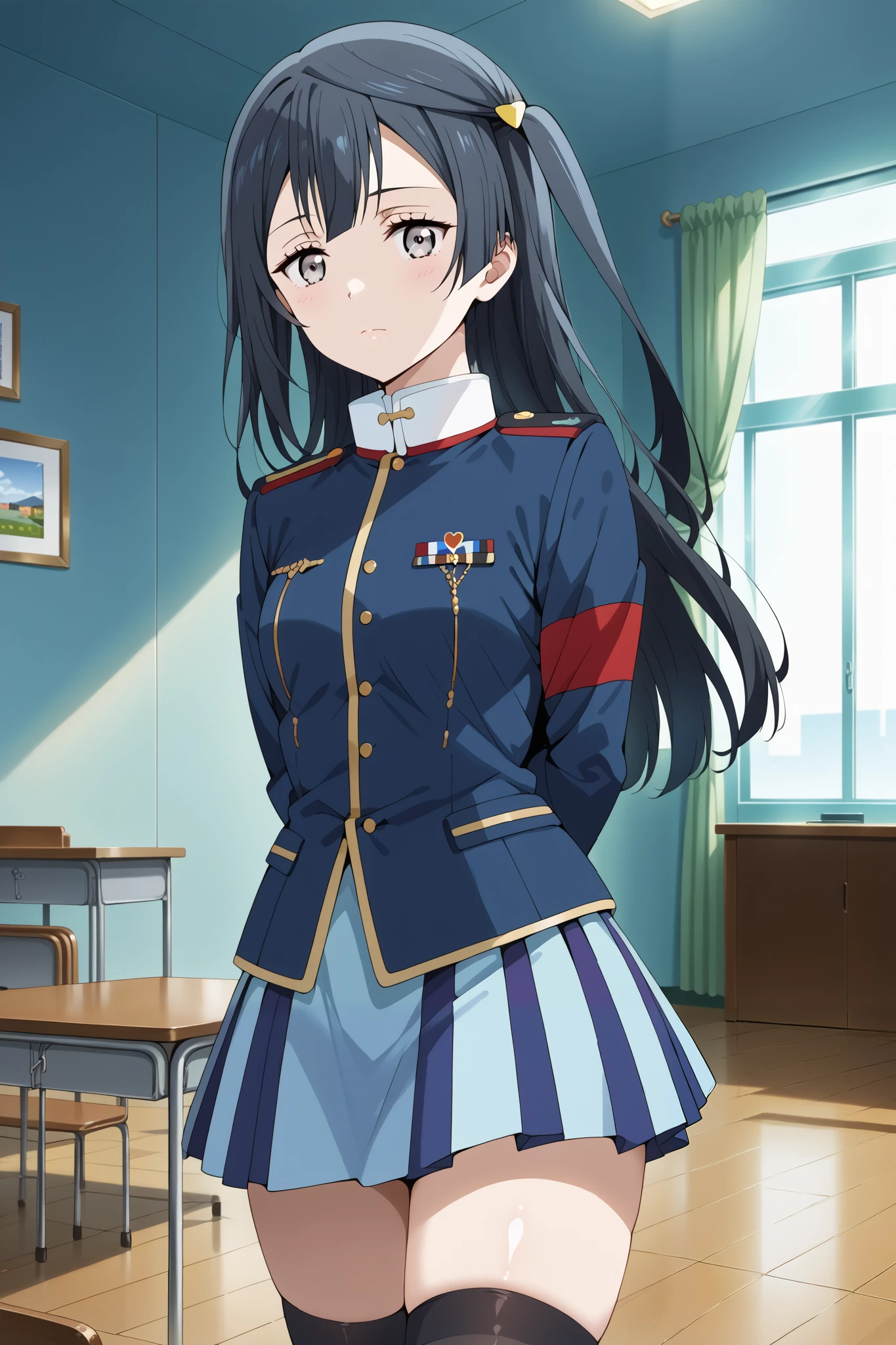 score_9, score_8_up, score_7_up, source_anime, 4K,perfect fingers,(perfect hands, perfect anatomy),prefect lighting, very aesthetic, intricate details,highly detailed background, masterpiece, high quality, best quality,
1girl, setsuna yuuki, yuuki setsuna (love live!), long hair, bangs, black hair, sidelocks, grey eyes, one side up, hair ornament, Large Breast,,
wearing ((blue jacket, blue skirt, jacket,military, military uniform,shirt, skirt, thighhighs, )),,
looking at viewer, indoors, military place, (perfect hands, perfect anatomy),(arms behind back:1.5),