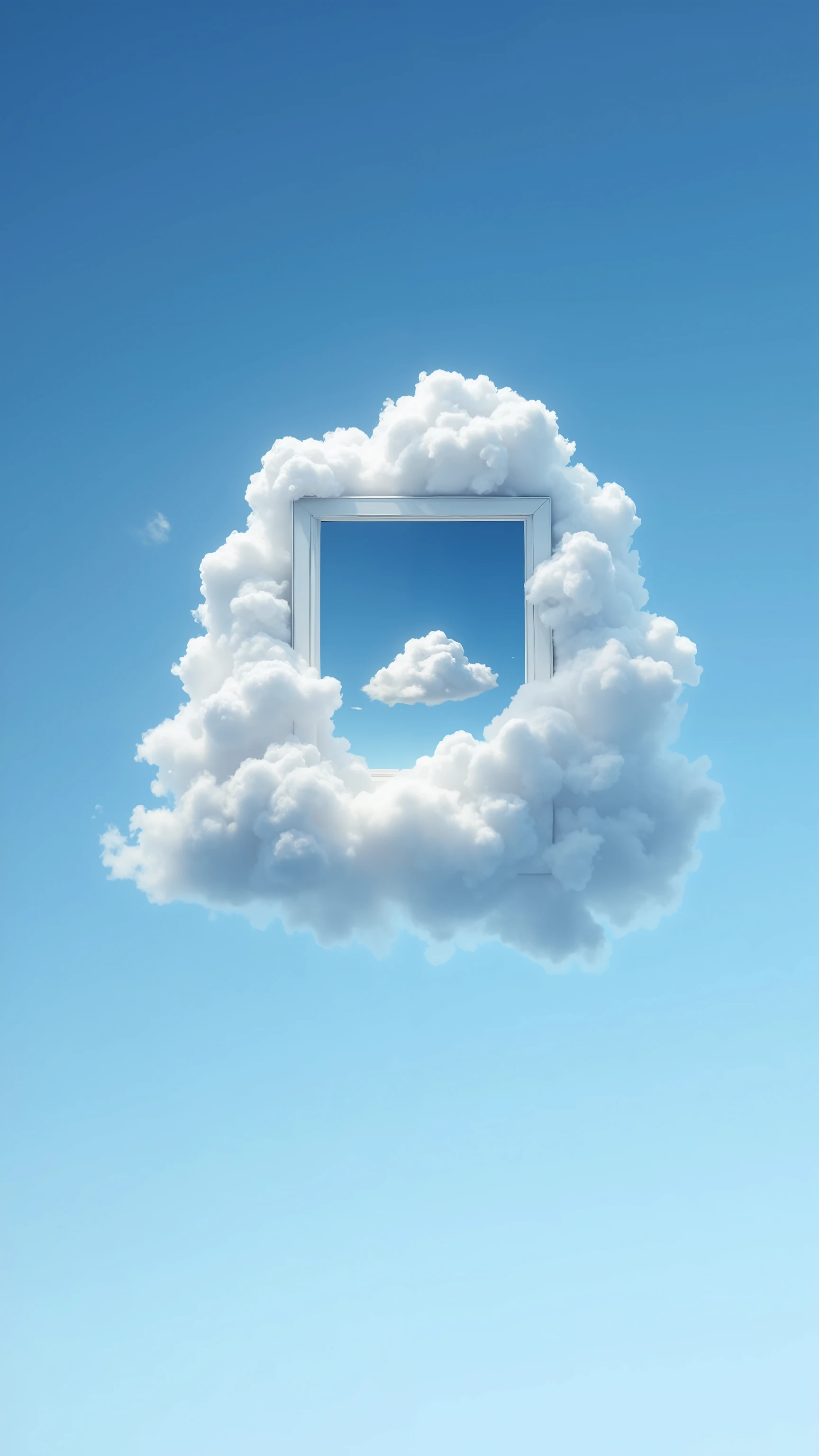 A single cloud in the shape of a window floating in the sky, inside the window another sky with a cloud, surreal composition, minimalist details, clear blue sky, hyper-detailed, ultra-realistic, soft lighting, octane render, depth of field, sharp focus, mysterious and philosophical atmosphere