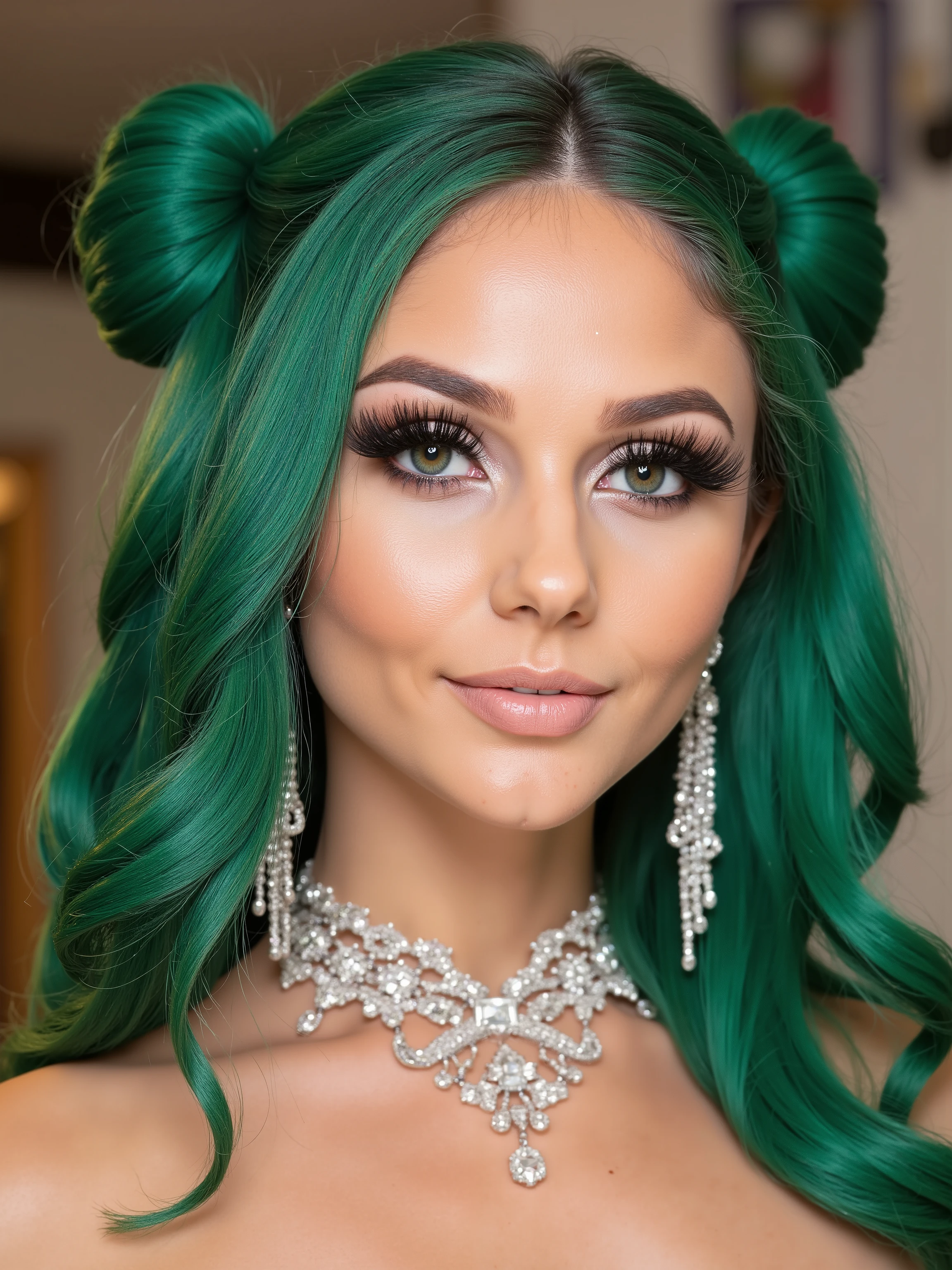 outrageously long and voluminous lash extensions. beautiful girl. long green hair. the hair is gathered in two buns. she smile, bright makeup, doll face, a diamond choker around her neck. long diamond earrings