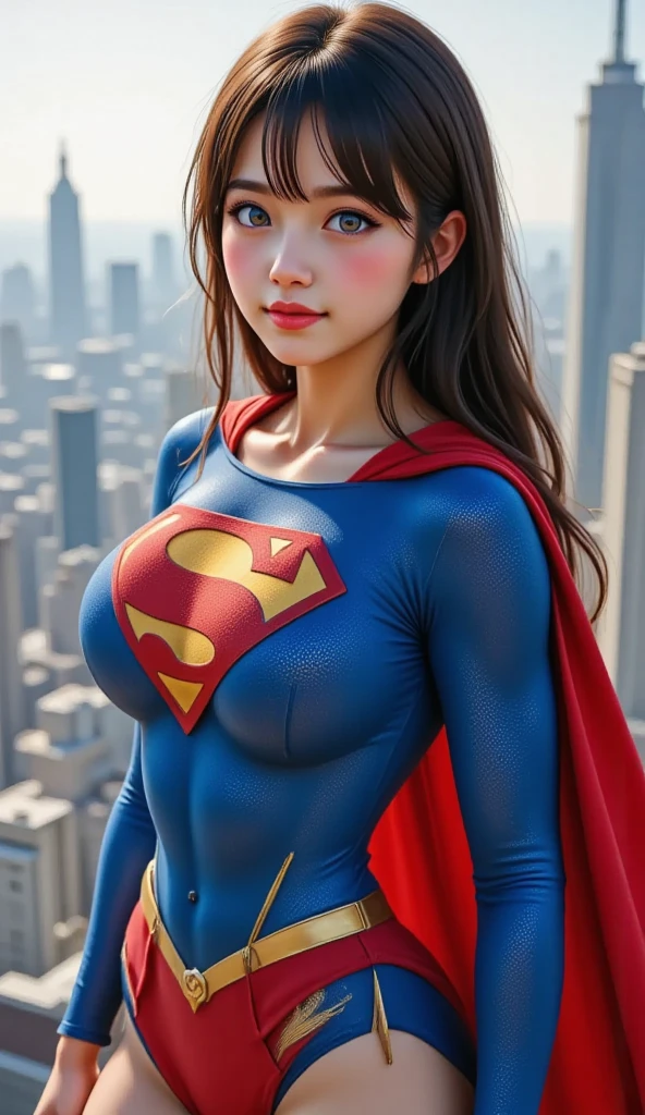 game character, East Asian original art character design, 1 girl, alone,[:(gradient background:1.5):40],full body lesbian, big breasts, Supergirl costume dress
