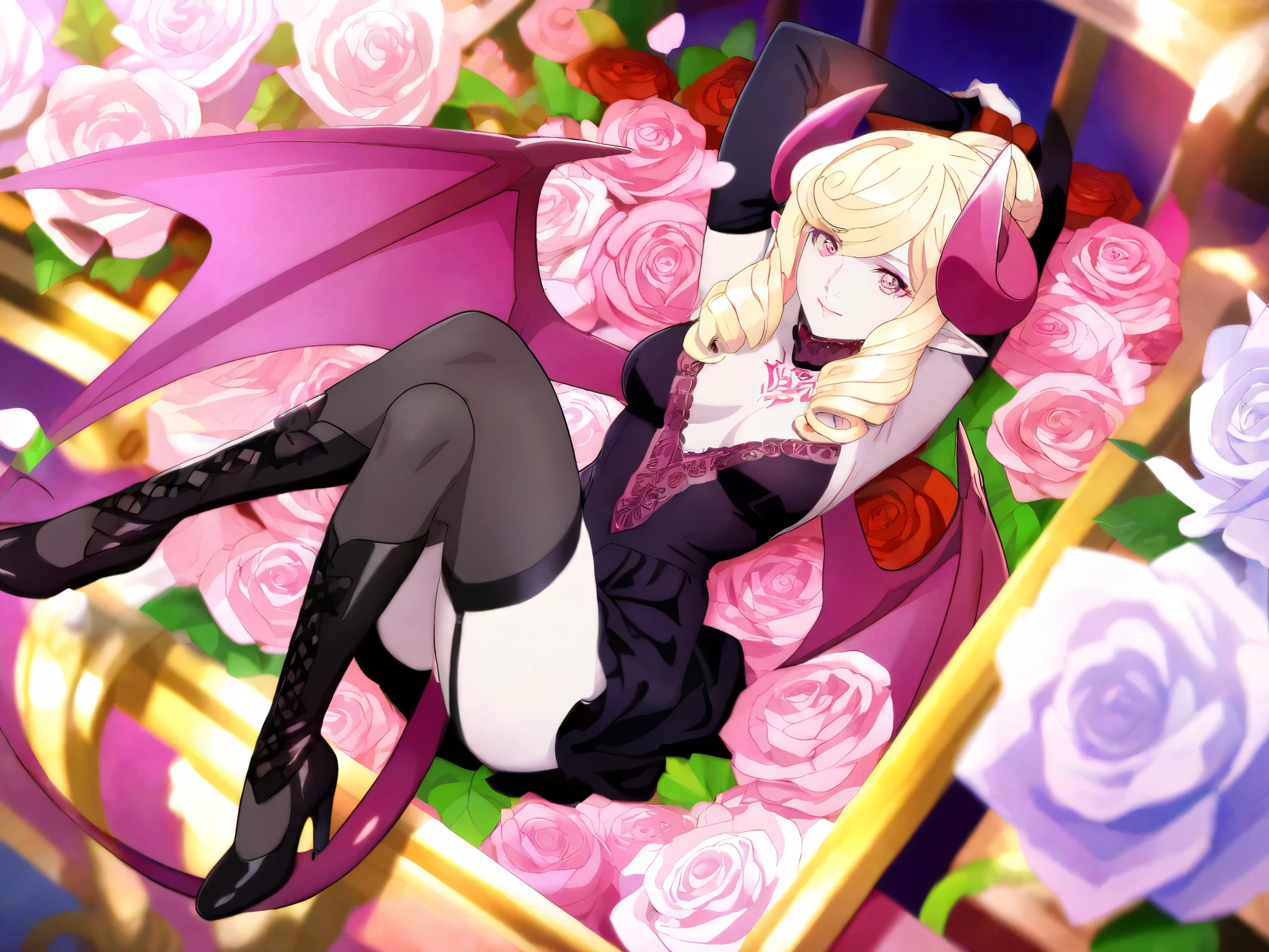 The mature adult woman is a demonic entitie - succubus. she has light blonde curly hair gathered in one single hair-bun, some curls are escaping from her hairstyle. Her eyes are pink with narrow pupil. She has golden and pink tattoos of roses and demonic sigils on her pale skin. She has pink/white sharp horns on her head , pink/white demon wings on her back, decorated with pink roses and golden spiked vines. She is wearing a pink Baroque styled mini dress with many pink roses , raffles, bows, laces. on her elegant legs dressed in stocking with a garters. She has a pink/white devilish pointy spiky demonic tail decorated with golden ornaments and pink roses. She wears pink shoes decorated with big bows and roses. Around her is bright Baroque room decorated by gold/marble vases with pink and White roses.