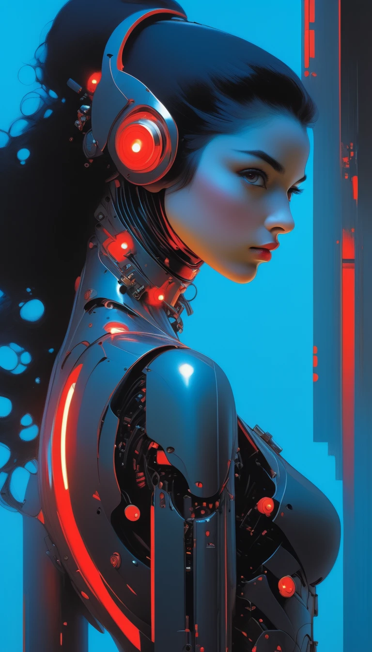 Sexy cyborg girl, with an opening in her chest, we see her heart with a network of red tubes that go to a large machinery, art inspired by bill sienkiewicz and dave mkean
