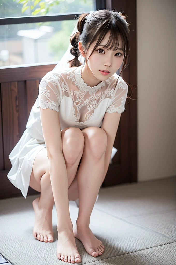 (Masterpiece:1.0), (Best Quality:1.4), (Ultra High Resolution:1.2), (Delicate Illustration:1.4), (8k, RAW Photos:1.2), (Soft Focus:1.4), ung Girl, (25 Years Old:1.3), (Sharp Focus:1.4), Detailed Beauty Face, (Detail Maid Clothes:1.4), (Lace Choker:1.2), Beautiful White Glossy Moist Skin,, Looking at the camera, smile, (squatting, legs spread), short cut, brown hair, floating hair, braided hair