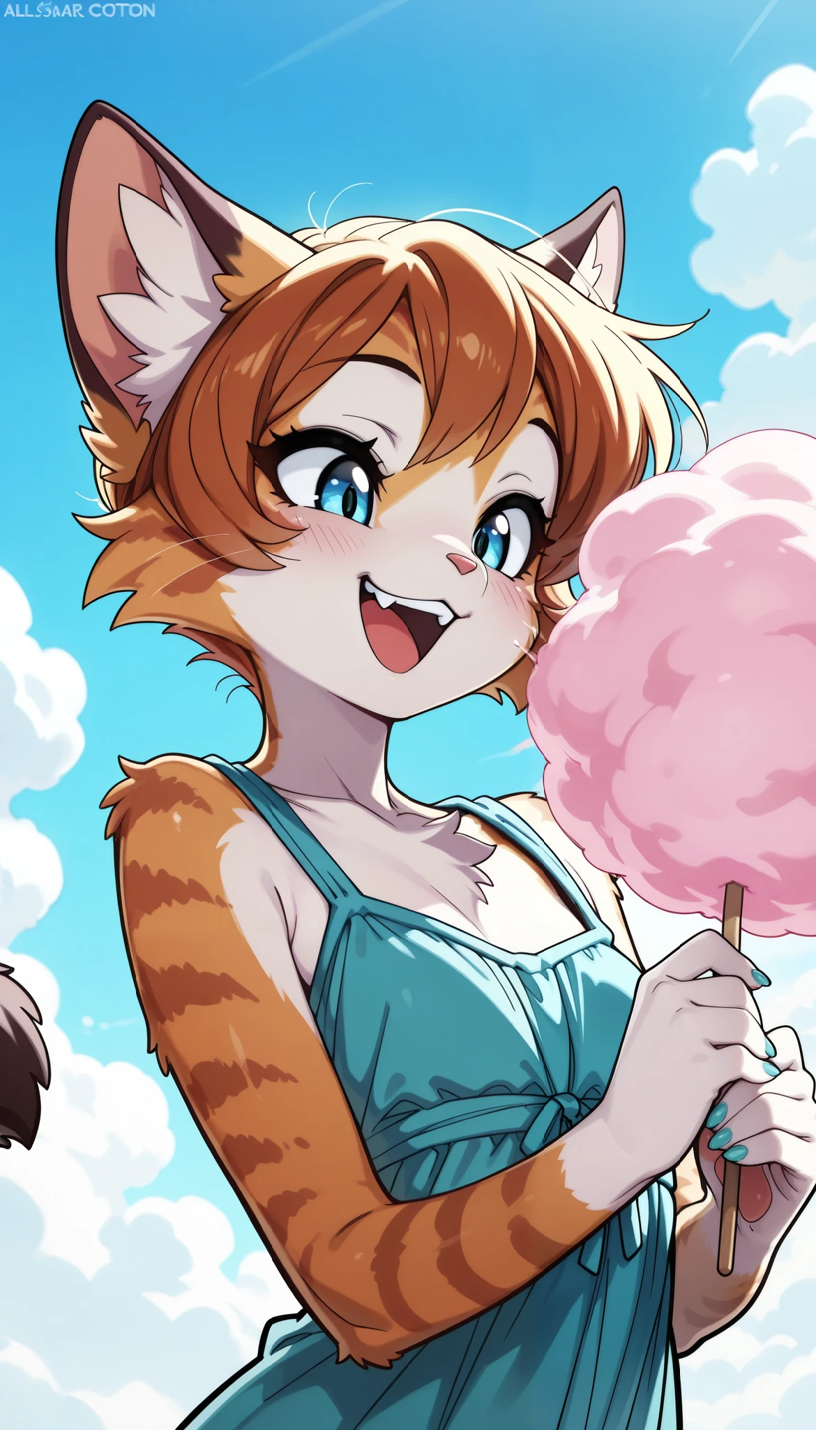 1 Beautiful Girl , cute fur , Furry, Cat face, Cat girl, gnaw cotton candy like a cloud, (Alluring, smile, Very satisfied,  open your mouth, tooth, Cat&#39;s paw, nail), anime style, ( small tits),  petite body, very cute, (bust shot,  raise your hands and , Feast on cotton candy), adorable expression, blue sky background with clouds,  soft lighting , fantasy seen down, Whimsical,  magic , (TOP QUALITY:1.2, very detailed, High Detailed CG Illustration, soft focus, masterpiece:1.2,  BEST AESTHETICS),