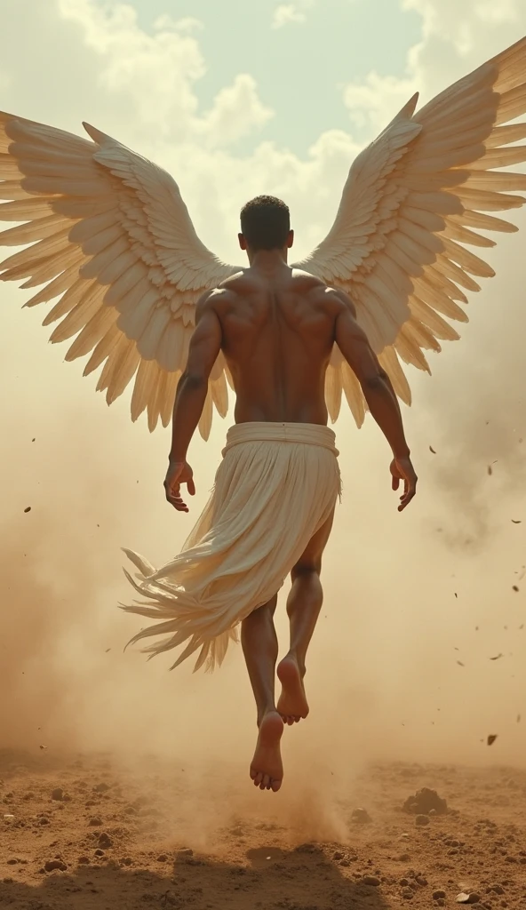 stunning photography of a handsome hunk arab men, with a long veil with intricate details,((loincloth)),((he is spinning)),extended arms, in a beautiful rounded stained glass floor,((massive white birds flying around him)),a oniric blue sky,dreamy atmosphere,dynamic shadows,warm contrast,cinematic,masterpiece,trending on pinterest