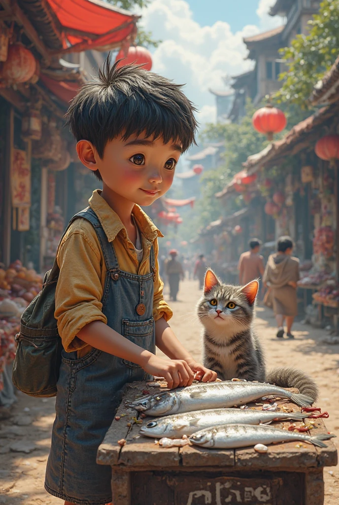 Retrato realista de um menino de sete anos, Ele usa uma camisa vermelha . Your face is and exploratory . Ele sai cautelosamente para o jardim da casa,  A small cat is among the bushes and he touches it cautiously ,Not facing the camera,, Hair is messy , 