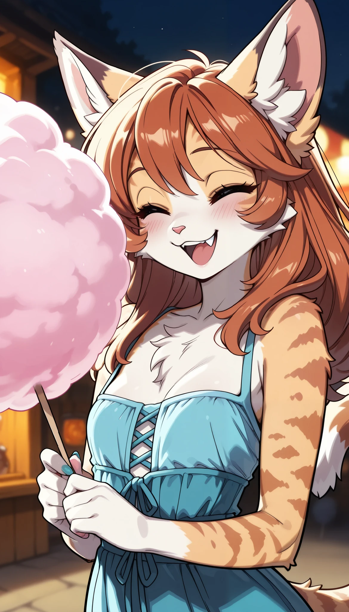 1 Beautiful Girl , cute fur , Furry, Cat face, Cat girl, gnaw cotton candy like a cloud, (Alluring, smile, Very satisfied, open your mouth, tooth, Cat's paw, nail), anime style, ( small tits), petite body, very cute, (bust shot, raise your hands and , Feast on cotton candy), adorable expression, soft lighting , fantasy seen down, Whimsical, magic , (TOP QUALITY:1.2, very detailed, High Detailed CG Illustration, soft focus, masterpiece:1.2, BEST AESTHETICS),