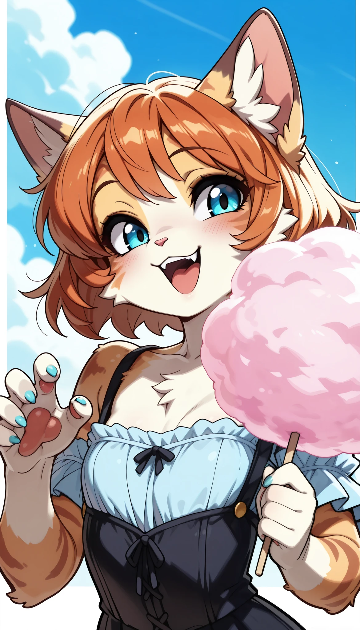 1 Beautiful Girl , cute fur , Furry, Cat face, Cat girl, gnaw cotton candy like a cloud, (Alluring, smile, Very satisfied, open your mouth, tooth, Cat's paw, nail), anime style, ( small tits), petite body, very cute, (bust shot, raise your hands and , Feast on cotton candy), adorable expression, blue sky background with clouds, soft lighting , fantasy seen down, Whimsical, magic , (TOP QUALITY:1.2, very detailed, High Detailed CG Illustration, soft focus, masterpiece:1.2, BEST AESTHETICS),