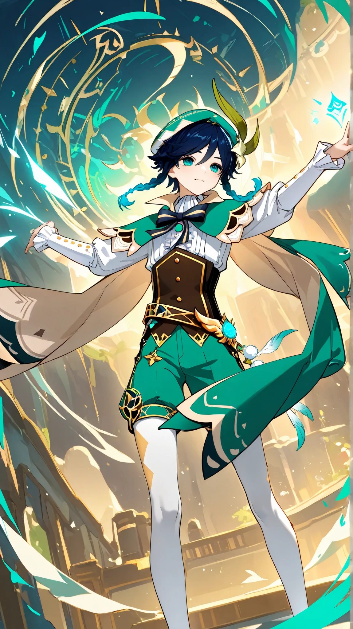 1boy, VENTI, (//genshin impact//), dynamic background, absurdres, high quality, wallpaper, standing, dynamic pose