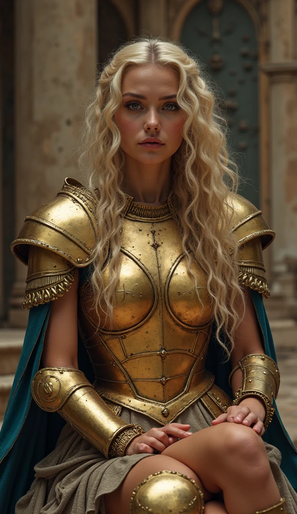 "A beautiful young woman with long, wavy blonde hair wearing ornate, golden armor. The armor is intricately designed with detailed patterns, covering her shoulders and chest. She has a calm, confident expression on her face, with a soft gaze looking slightly off to the side. The background is blurred, suggesting an ancient or mystical setting, possibly ruins or an old stone structure.