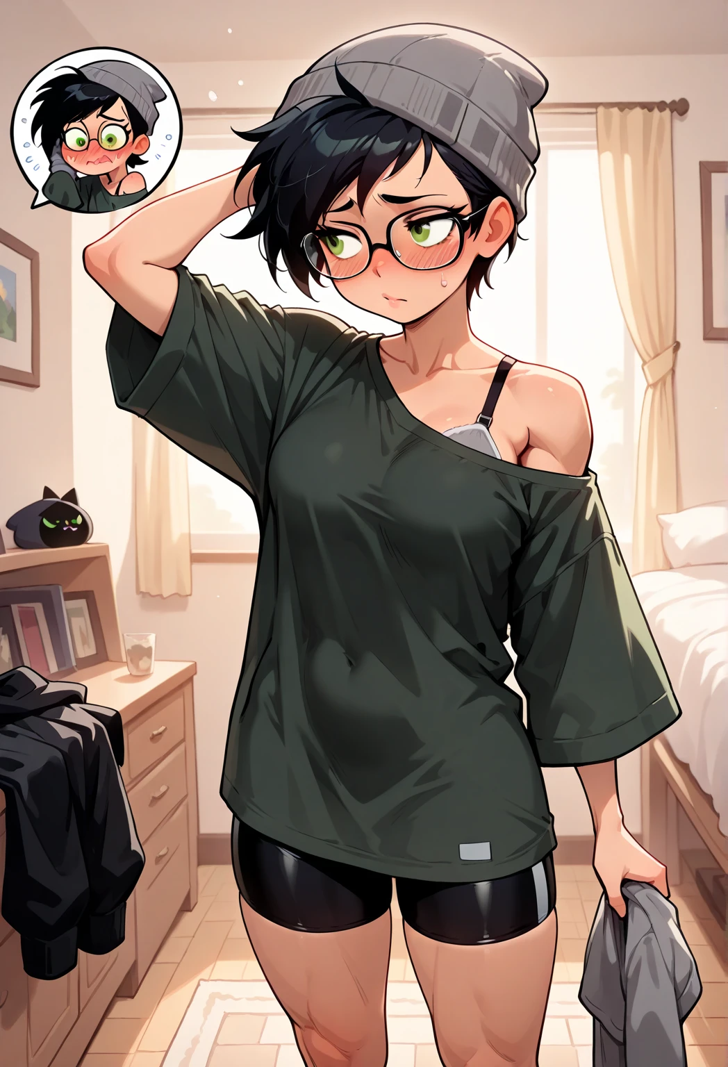 ((((((1boy)))))), fluffy red hair, wolf ears, wolf tail, slim figure, ((pale skin)), RED eyes, dead expression, living room setting, seductive smug, baggy black hoodie, lean figure, big thighs, very slim waist, extremely big butt, bulge, thigh highs, blush