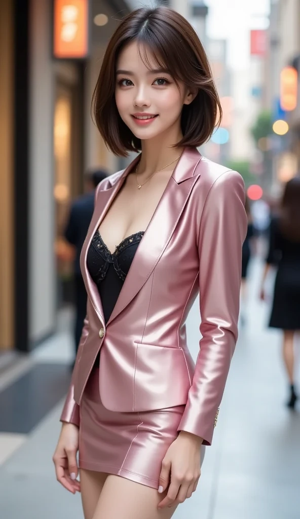 Beautiful Skin、Long short hair、Slim style、Full Body Shot、formal、black、pink、Leather business suit、Leather Tight Skirt、(Detailed clothing features)