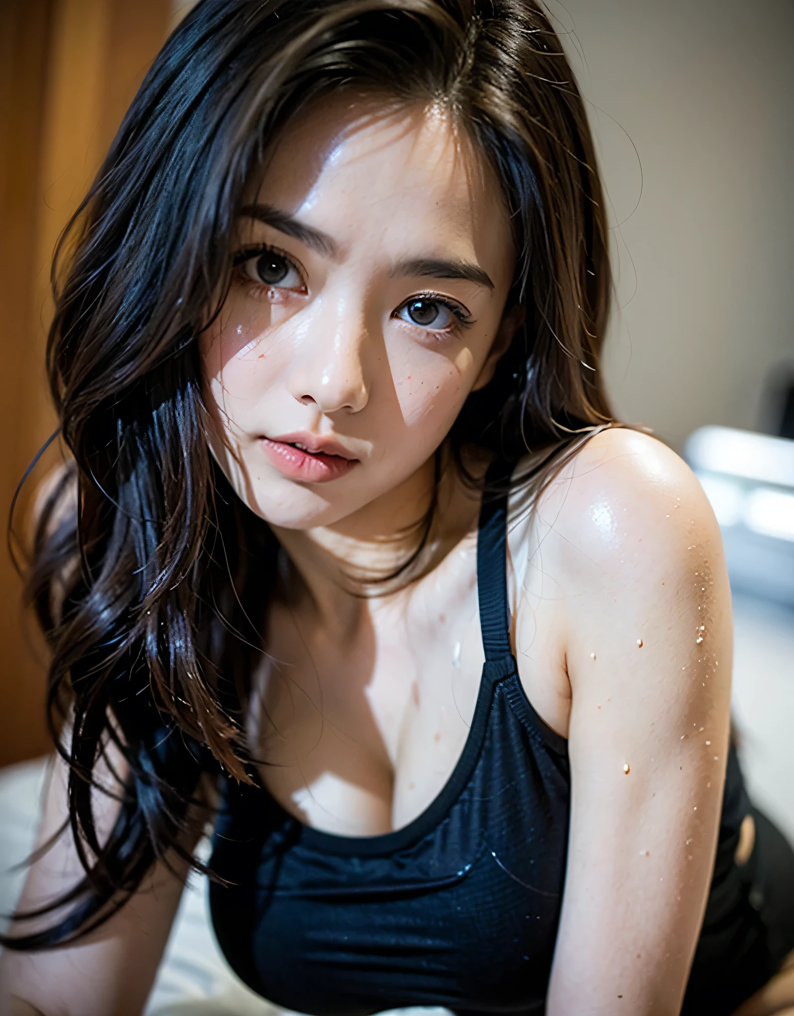 full body portrait, (leaning forward: 1.3), squat, (From above: 1.2), (close: 1.4), Subjective, (beautiful nipple slip: 0.9), internal_sauna: 1.3), The background is a brick wall, soaking wet body, overhead camera, sharp focus: 1.2, cute woman: 1.4, highly detailed face、skin、hair texture, wet textured hair, wet body, wet hair, つやのあるskin, detailed eye, double eyelid, beautiful and delicate nose, cute young japanese woman, 27 years old, dynamic angle, while emphasizing the subject's hair.、eyeに楽しく、It's a composition that makes you think., eye, words and actions, While creating a sensual feeling characterized by calm tones and the contrast of light and shadow..(Photoreal:1.4)、(hyper realistic:1.4)、(realistic:1.3)、(smooth lighting:1.05)、(映画の照明Improvement of quality:0.9)、32K、realistic lighting、Backlight、facial light、ray tracing、(brighter light:1.2)、(Improvement of quality:1.4)、(Top quality real texture skin:1.4)、(skinの質感の美しさを高める:1.1)、ivy、wizard、man's daughter、purple eyes、white gal、Black gal、vampire、young、