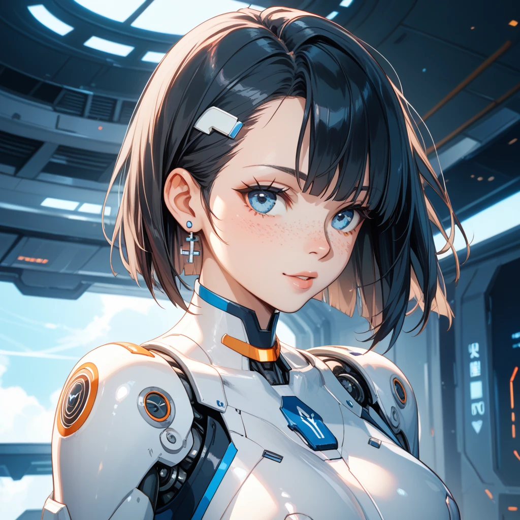 arafed image of a woman in a futuristic suit with a spaceship in the background, movie art, in front of an orange background, inspired by Robert McGinnis, female protagonist, megastructure in the background, portrait of an ai astronaut, astronauts, an astronaut, portrait of a astronaut skeletor, perfect android girl, frank franzzeta and sakimichan  