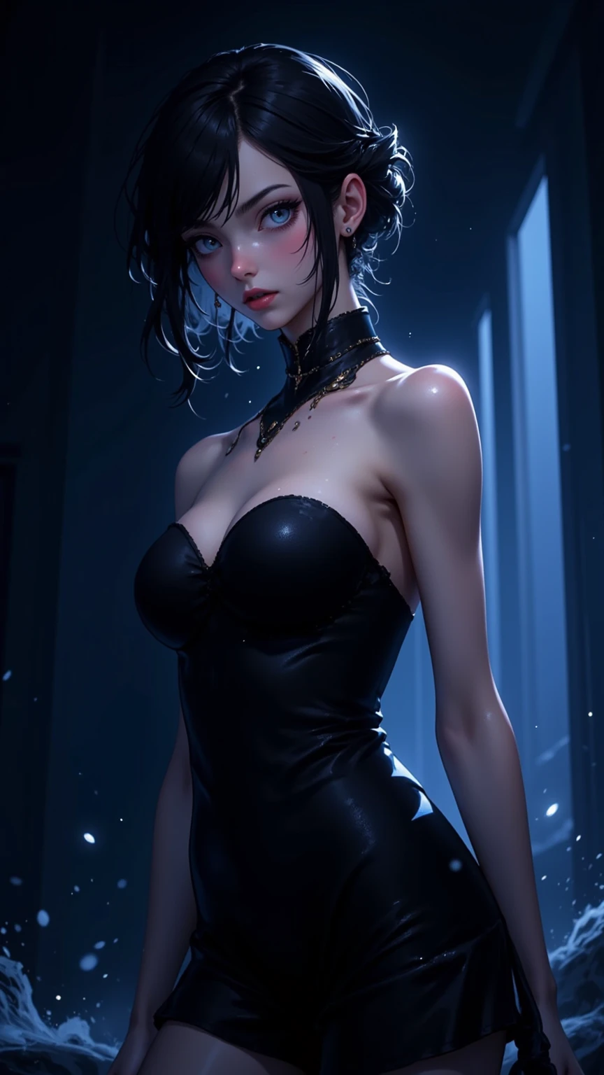 work of art, best qualityer, 1 girl, Youngh, (16 yrs old), leaning forward,sexly, Small panties,(Breasts Out:0.98), hanging breasts, topless, areolas, cute, Breasts huge, black hair long, blue colored eyes, Tuuli, sensuous, (Caucasian skin), pale skin, unsmooth skin, solo gold, intricate, (sharp contrast), moonligh, moonlighlight, natta, (epic), artistic