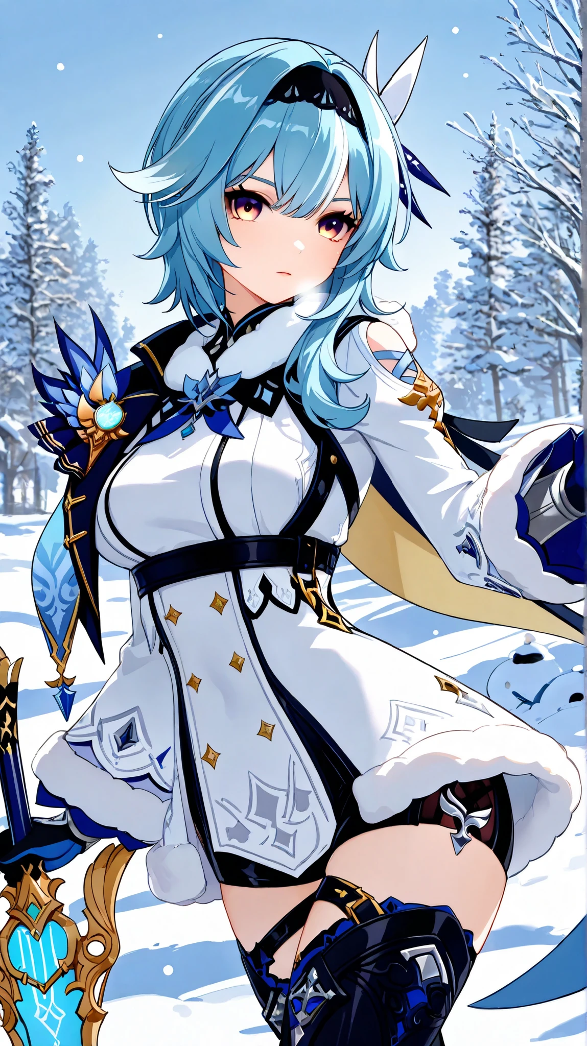 1girl, EULA, (//genshin impact//), winter outfit, winter background, absurdres, high quality, wallpaper, standing, dynamic pose