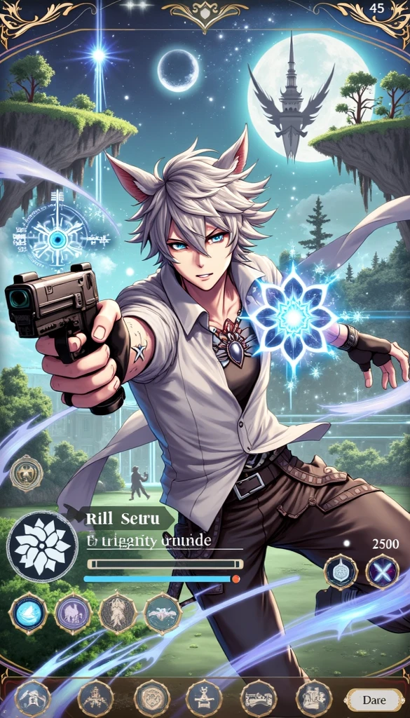 absurdres, highres, ultra detailed, HDR, master piece, best quality, extremely detailed, detailed eyes, Quincy, blonde hair, messy hair, expressive amber eyes, Nu Carnival, solo, sexy man with a gun in hand, handsome, horny, lewd, fantasy, accessories, hunter, hunter clothes, black coat, white shirt, showing the chest, spring, flowers, green leaves, magical forest, dark fantasy, starry sky, night, crows
