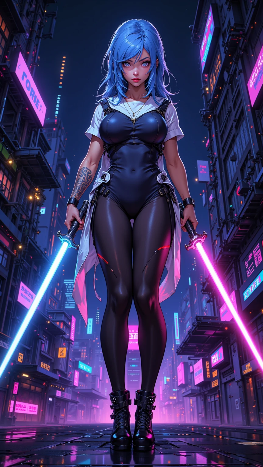 A lovely woman, confident businesswoman, laser sword, ramen advertisement, obliterate hunger, photorealistic, 8k, detailed portrait, striking pose, dynamic action, vibrant colors, neon lighting, futuristic, cyberpunk, hyper-realistic, cinematic, dramatic, mesmerizing