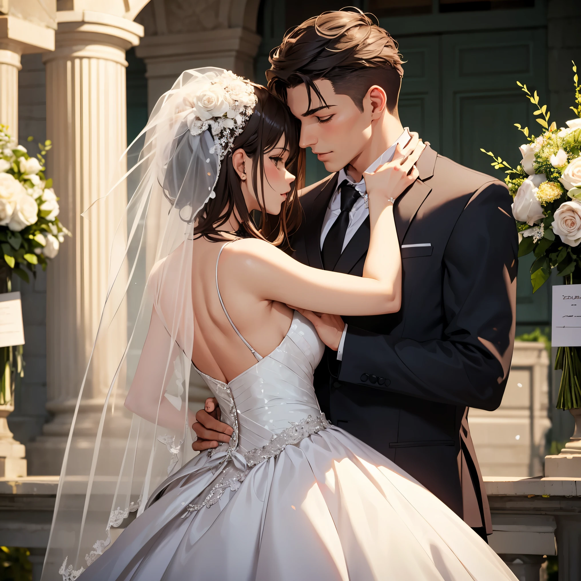 (highest quality, High resolution, masterpiece:1.2,), figure, night, One girl, whole body, (Wedding dress), Put your arms behind your back, Wait for a kiss, View Viewer, Happy, blush,