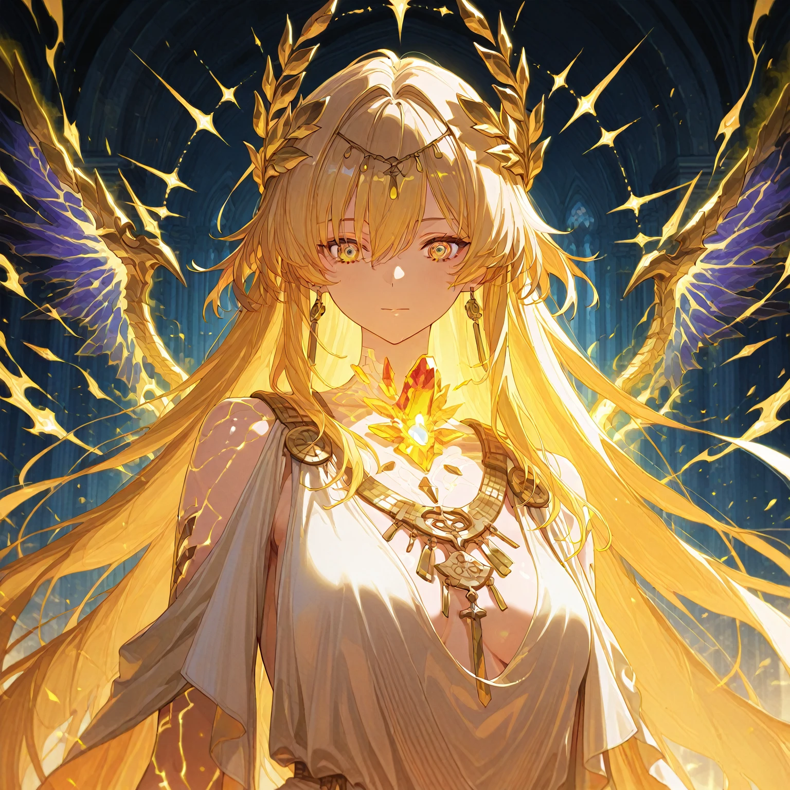 Anime illustration, abstract background, colorful, light reflection, 1girl, upper body shot, detailed skin, extremely detailed eyes, dynamic pose, flying, floating (laurel crown), (corrupted energy, foggy aura:1.1), crystal light, Fallen Cathedral, backlighting, backlit, ancient greek clothes, peplos, greco-roman clothes, priestess, shining crystal eyes, ring eyes, mythical astral cosmic cress, cosmic skin, alt cosmic skin, white dress, spread wings, dying angel, masterpiece,best quality,amazing quality, wuthering waves, rover (wuthering_waves), dynamic pose, side profile, from the front AND from the side
