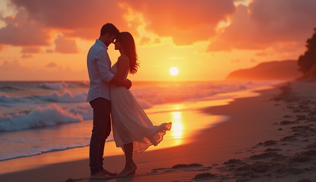 (best quality,highres,masterpiece:1.2),a couple in love,romantic atmosphere,soft lighting,warm colors,embrace,affectionate,gentle touch,intimate moment,happiness,smiles,blissful,loving gaze,deep connection,heartwarming,dreamy background,candlelit dinner,tender kiss,twinkling stars,whispered words of love,endless love and devotion,beautiful memories,forever together,unbreakable bond,soulmates,cherished moments,romantic sunset,lovers walking hand in hand