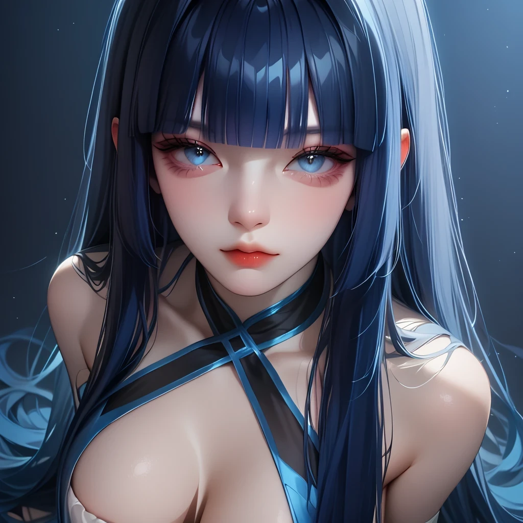 ((high end)),(UHD picture),(vivid),((life like)),(crystal clear), (),((high end fingertip)),((beautifully high end face)),((beautifully high end eyes)),((beautifully high end body line)),(beautiful high end hair),((kawaii)),{perfect face},{perfect anatomy},intricate,((unfocused eyes)),purple lips,((1 bule demom girl)),(((blue skin:1.5))),( black hair),(golden eyes), (black sheep horn),fang, (((half open black nurse uniform))),black nurse cap,((cowboy shot)), (art inspired by Bill Sienkiewicz). oil painting)
