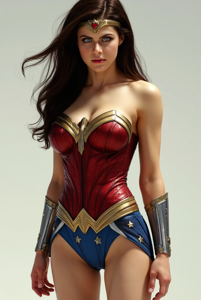 1960s beli movie poster showing Wonder Woman as the superheroine, brown long wavy hair, blue eyes, red lips, broad shoulders, olarge breast, muscular body, long shapely legs, side view in a dynamic pose with her head turned towards the camera, tight fitting blue and red leather armor, red wears a belt, high-heeled red leather boots, red and black background