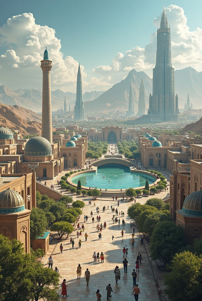 masterpiece, best quality, good quality, Fantasy aesthetics, Highly detailed, beautiful landscape, Futuristic fantasy city, metropolitan, background only, no other being (human etc), futuristic middle east fantasy city, very detailed CG unified 8k wallpaper), clay texture, clean background, natural light, best quality, ultra detail