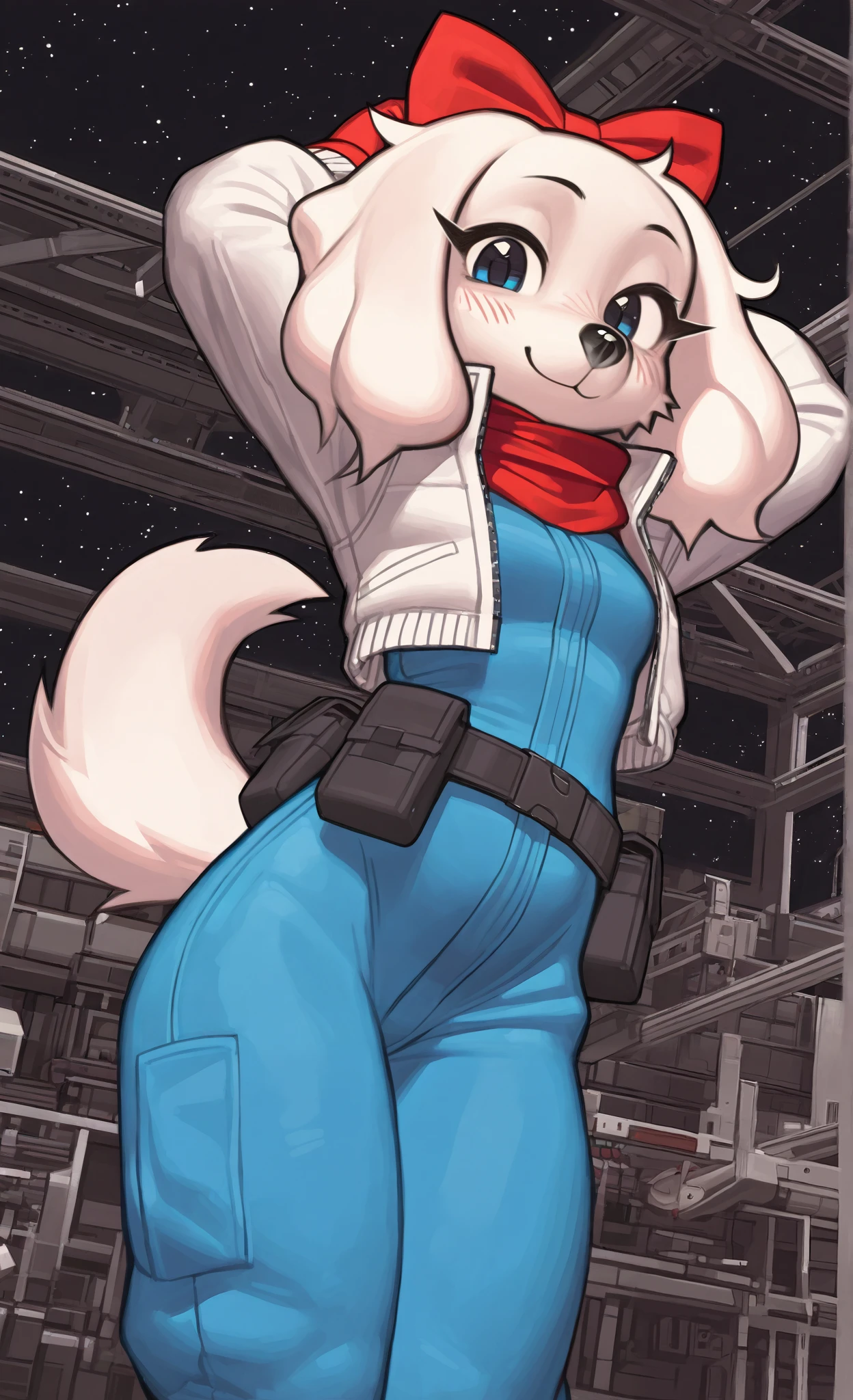 ((Fay Spaniel)), ((Starfox)), ((pixelsketcher)), ((wamudraws)), ((masterpiece)), ((high resolution)), ((solo portrait)) {(attractive figure), (beautiful legs), (white fur), (black nose), (floppy dog ears), (cute blue eyes), (long eyelashes), (cute smile)}, {(cyan jumpsuit), (white jacket), (red gloves), (red scarf), (utility belt), (giant red bow)}, {(standing), (hands behind head), (looking at viewer)}, ((hangar)), ((space))