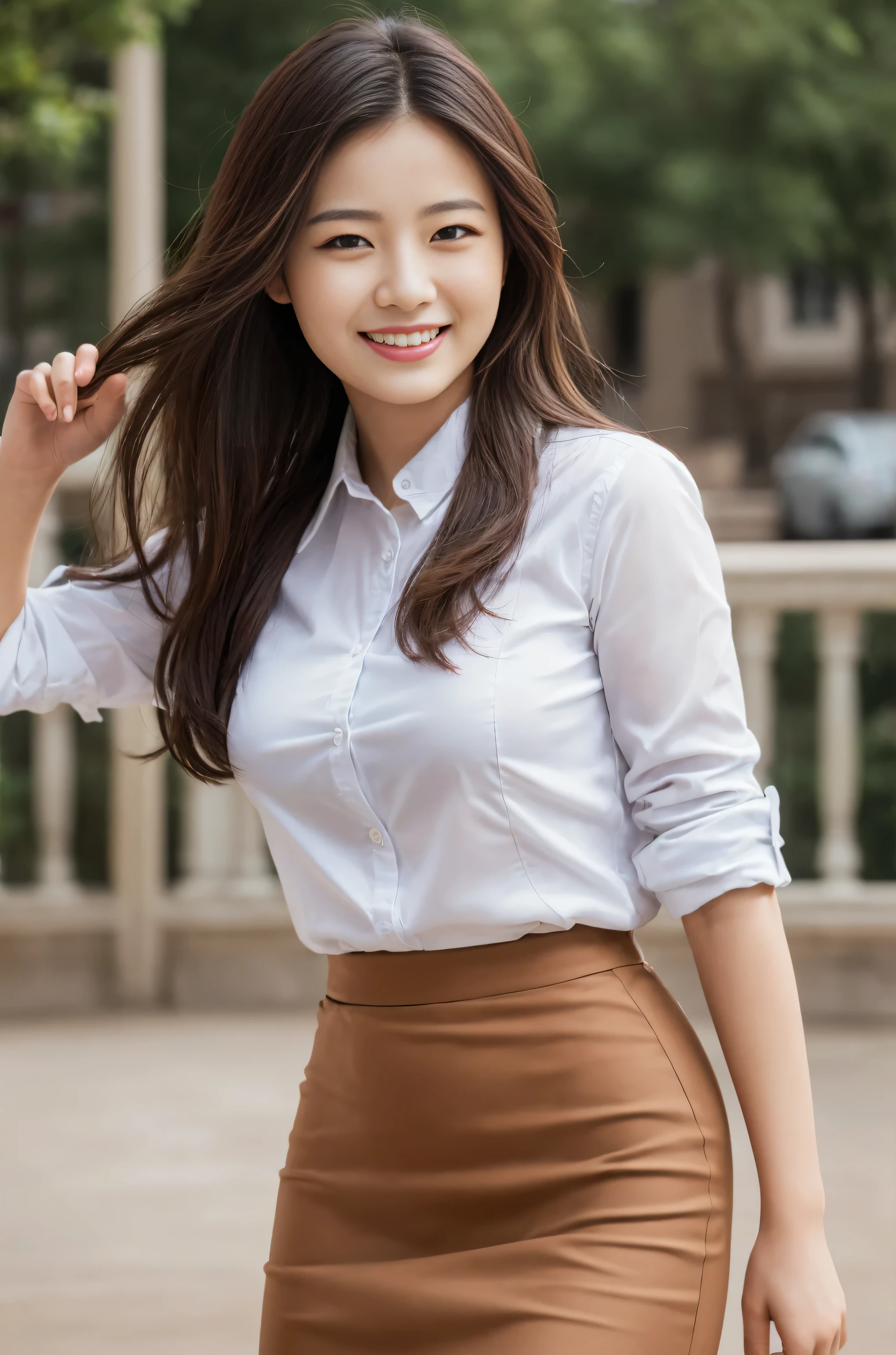 ((highest quality, 8k, masterpiece: 1.3)), 1 girl, smile, whole body, Slim face, Beautiful woman,Loosely inward wavy hair,Extra long brown hair, White crisp shirt at upper body, The top half is a black flared mini skirt, High heels, Highly detailed face, Fine grain, double eyelid, Blurred Background, Slim face, skyscraper, ((full figure supermodel standing, entire body in frame:1.4)、Raise your hand at the intersection、Call a taxi