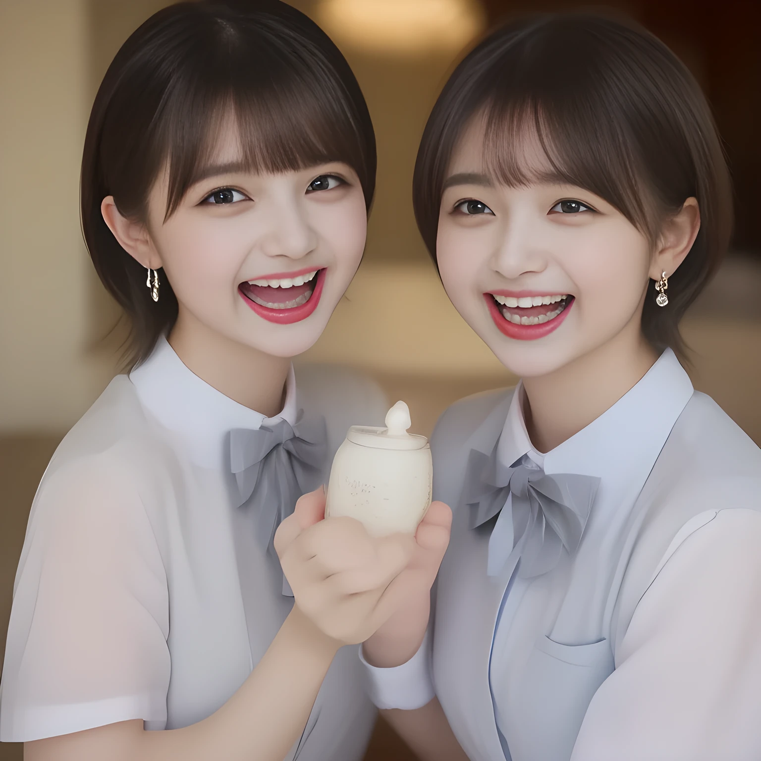 (highest quality, masterpiece, high resolution:1.2), 4K, (Photo quality clearly detailed foreground: 1.5), geometry, (Two neat & clean girls are bursting into laughter. (Small well-groomed face with feminine intelligence). Some of Cute noble girly Japanese photo model are seated and looking at the top of the bottle in front of them with their cute beautiful eyes like laughing fashion model: 1.3), (Using expensive face-whitening cosmetics to make her skin more beautiful and pure by professional makeup artist: 1.5), (Face and eyes are especially detailed beautifully: 1.5), Laughing cutely, ((Light-Gray) Japanese school girly vest uniform with neat girly light-yellow school blouse, puffed shoulders: 1.2), (white socks and school loafers, kicking back: 0.7), (Dark blue glossy glossy school ribbon on the breast: 1.0), (Beautiful light-amber large clear open eyes with balanced and detailed cutely: 1.4), (double eyelids: 1.0), (highly curled bangs: 1.2), (Expressing the greatest joy with her whole body: 1.2), (Glossy lips: 1.0), (beautiful bobbed shining hair: 1.7), (cute earrings), (white and clear skin: 1.0), (Laughing cute princess's eyes looking at me: 0.8), (Very shy, cute, slender, pretty, pretty, too girly & Girlish: National Beautiful Girl Grand Prix winners: 2.0), (The girls knows well about the viewer's super fetishism for high-school uniforms, and satisfies it completely: 1.5), (High class cosmetics promotion to make everyone noble face, blessed by Venus and Aphrodite in a dark shrine under the school, falling down to the world of Aphrodite: 1.6), (they are laughing with widely open mouth as if watching a very cute and funny thing happening just in front of their beautiful eyes: 2), ((The all hands of two girls) are (holds and scrambling for an opened transparent milk bottle ((in front of their eyes))): 1.8)