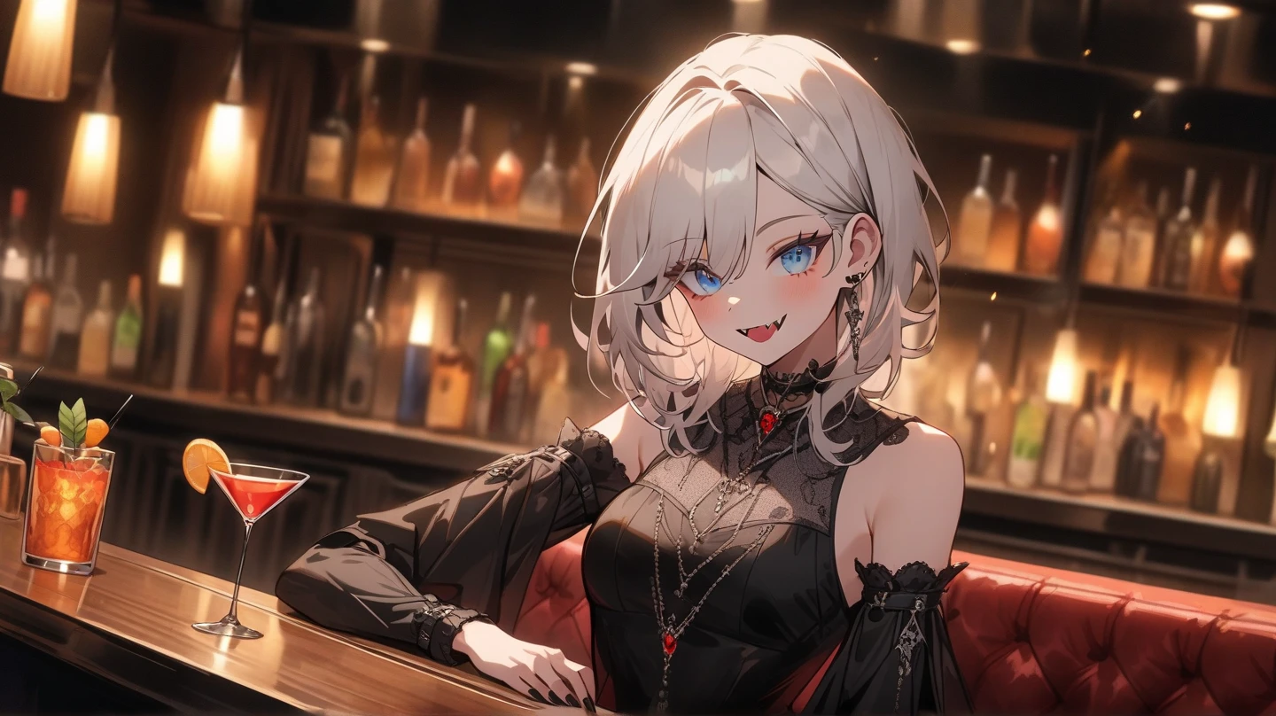 (((top-quality, masterpiece))), (best quality), (detailed), (((one young girl))), (solo girl), (bartender girl), happy, charming, smiling, ((highly detailed beautiful face)), delicate girl, delicate face, dark hair, long hair, poney tail, bleu eyes, dark look, make up, ((small breasts)), nice hips, flat belly, slim waist, define collarbone, (((sofisticated and detailed black leather dress))), ((sexy dress)), (((black lace stocking))), ((black leather chocker)), standing in front of a bar counter, sexy pose, cinematic shadow, wiping counter, irish pub atmoshpere, she is leaning against the bar counter, she leans forward, and we can see a large cleavage