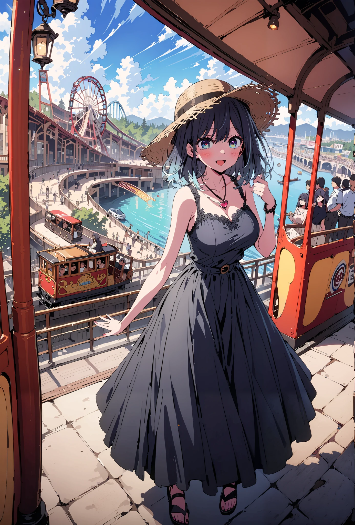 ,Akane Kurokawa, short hair, bangs, blue eyes, black hair, Lantern, multi-colored hair , gradation hair,smile,blush,opens her mouth, heart shaped necklace ,black long skirt integrated dress,sleeveless, Big Breasts, sandals on the skin,crowd, Straw Hat,standing,noon, Car, gondola, Rollercoaster ,full bodyが illustrationsに入るように, break indoors, Amusement Park,
break looking at viewer,full body,
break (masterpiece:1.2), TOP QUALITY, high definition, Unity 8K Wallpaper , ( illustrations:0.8), ( Beautiful Detailed Eyes :1.6), very detailed face, perfect lighting , Extremely detailed CG, (perfect hand, perfect anatomy),