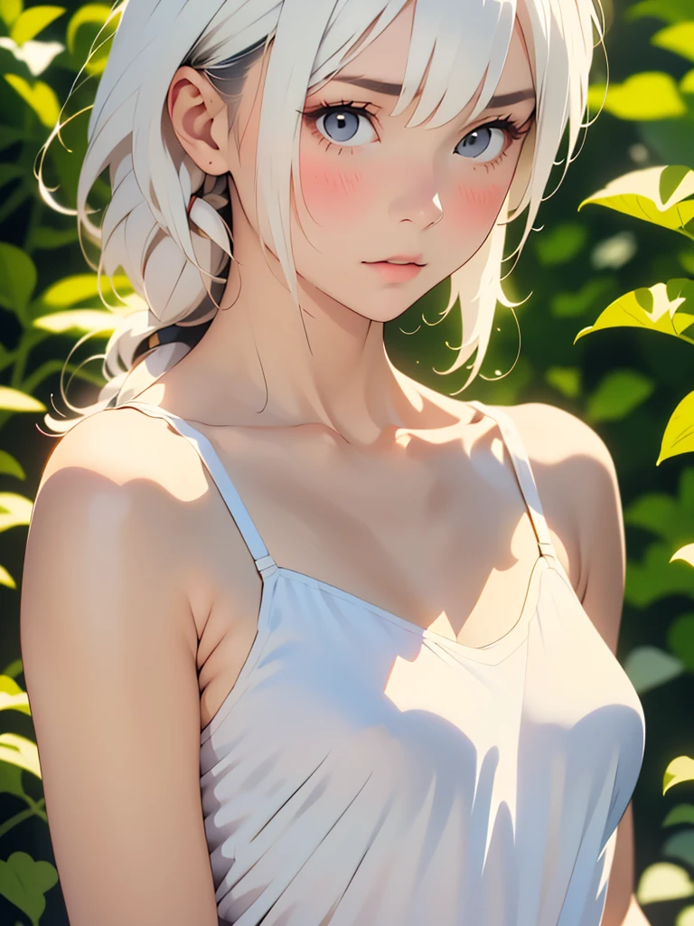 Low Leg, Low rise, albino, (((Realistic images))), Translucent white skin, White camisole, ((girl, Upper body angle)), the skin is transparent, Make the expression more realistic, thin, Soft and smooth white hair, Highlight wrinkles in clothing, Highest quality, High resolution, Extremely detailed 8K, (Ultra HD, Very detailed, Very detailed, Very Realistic, Ultra-realistic, Realistic), One Girl, One thumb, View 4 books, The underwear you are wearing is very soft and pleasant to the touch...., Stagnation, beautiful girl with a slim body, Waist-length white hair, Gray Eye Room, Chic monochrome room, Foliage plant,