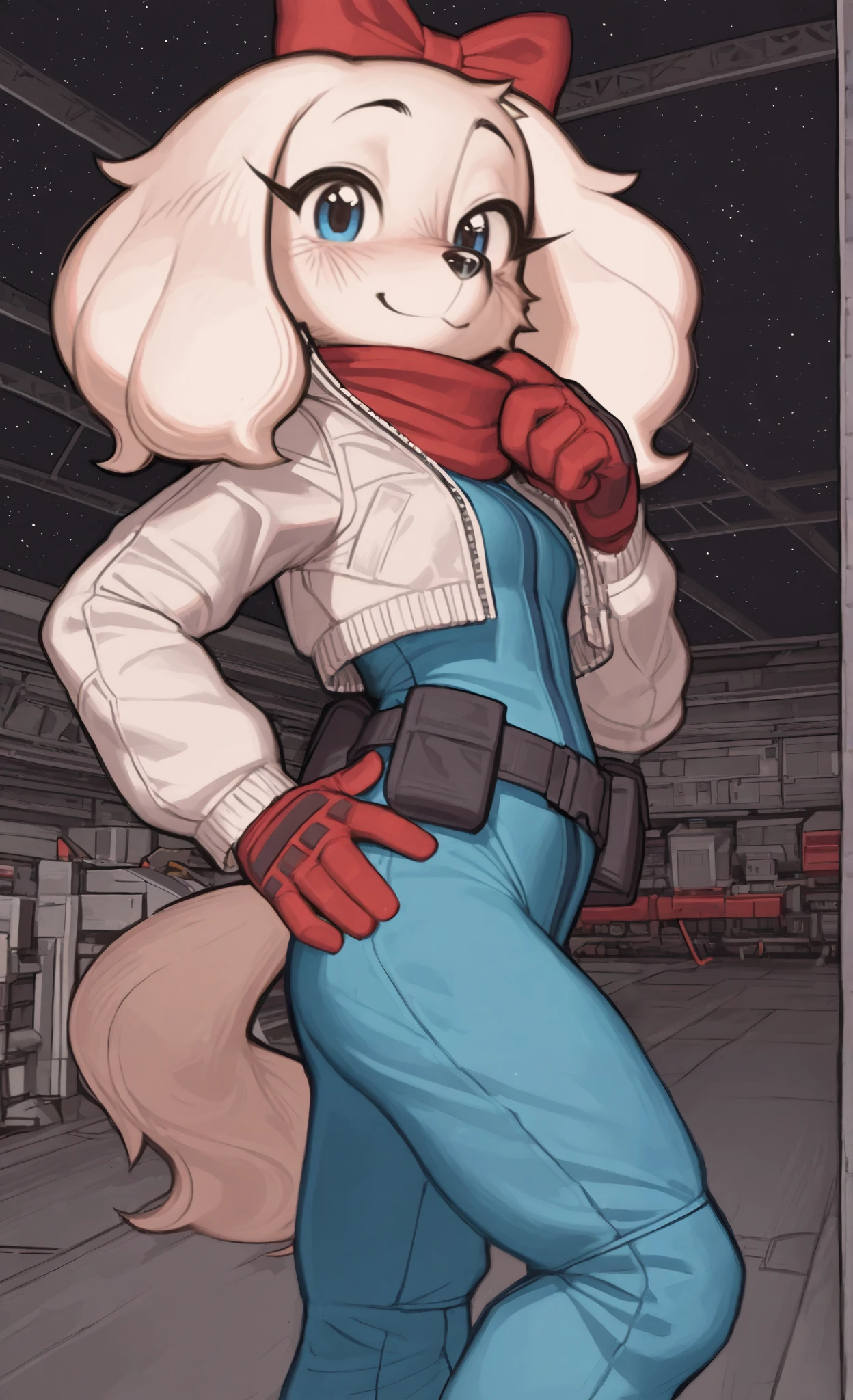 ((Fay Spaniel)), ((Starfox)), ((pixelsketcher)), ((wamudraws)), ((masterpiece)), ((high resolution)), ((solo portrait)) ((side view)), {(attractive figure), (beautiful legs), (white fur), (black nose), (floppy dog ears), (cute blue eyes), (long eyelashes), (cute smile)}, {(cyan jumpsuit), (white jacket), (red gloves), (red scarf), (utility belt), (giant red bow)}, {(standing), (hand on hip), (looking at viewer)}, ((hangar)), ((space))