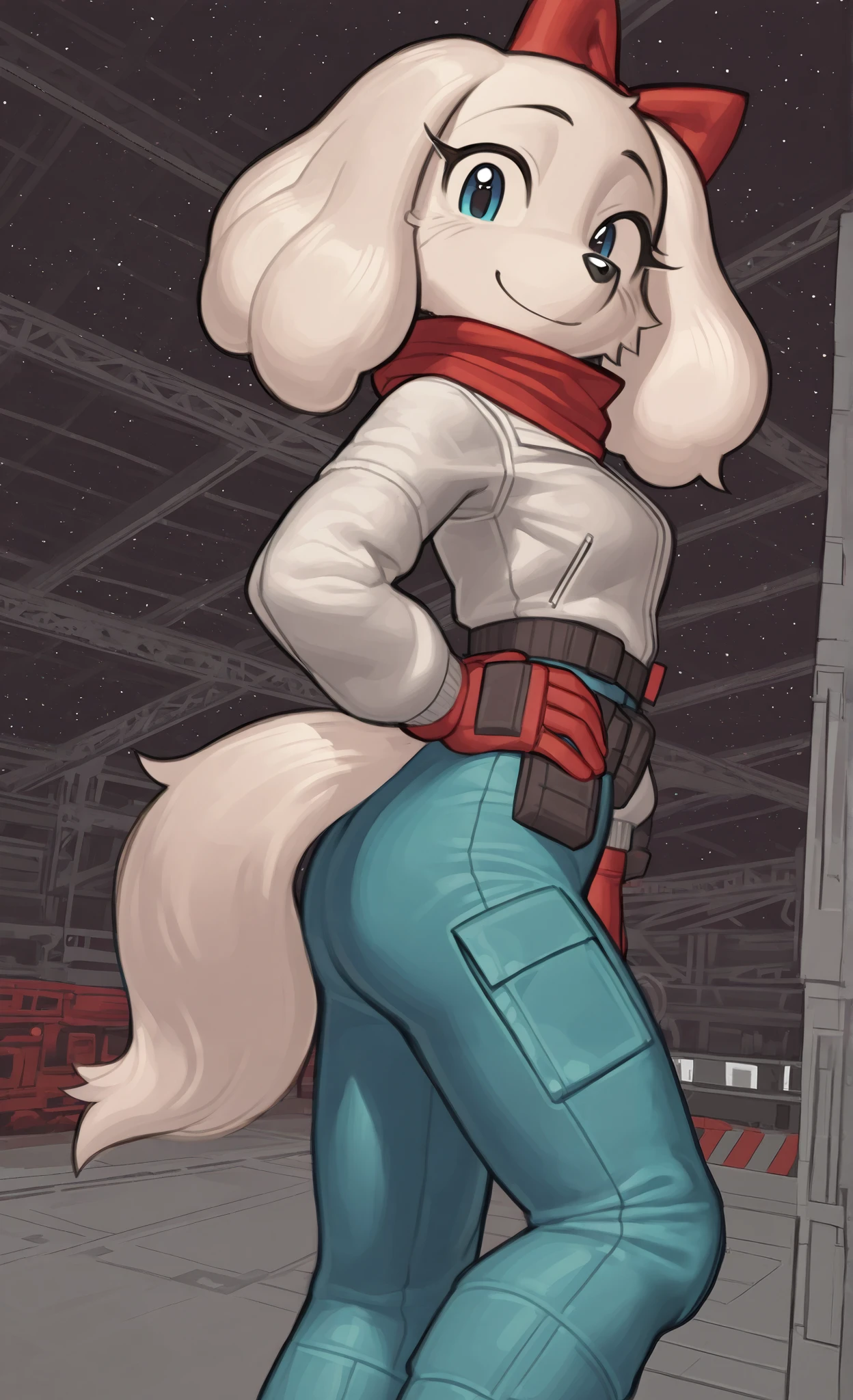 ((Fay Spaniel)), ((Starfox)), ((pixelsketcher style)), ((wamudraws style)), ((masterpiece)), ((high resolution)), ((solo portrait)) ((side view)), {(attractive figure), (wide hips), (beautiful legs), (white fur), (black nose), (floppy dog ears), (cute blue eyes), (long eyelashes), (cute smile)}, {(cyan jumpsuit), (white jacket), (red gloves), (red scarf), (utility belt), (giant red bow)}, {(standing), (hand on hip), (looking at viewer)}, ((hangar)), ((space))