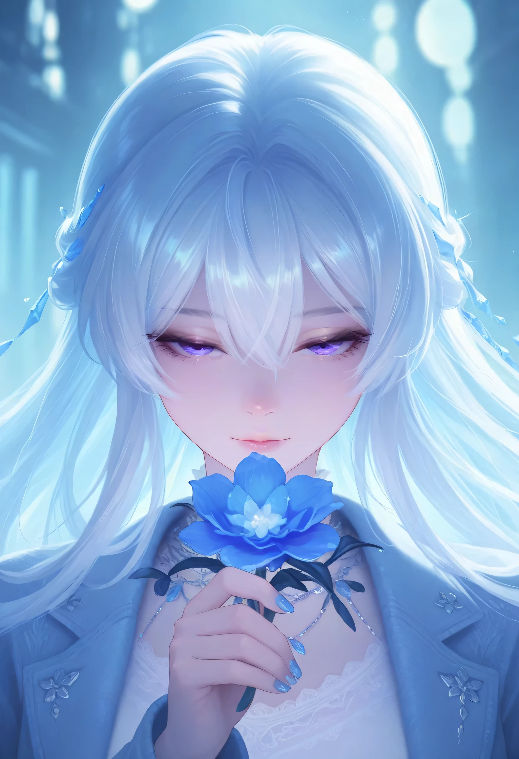 celestireal2,masterpiece, best quality, good quality, very aesthetic, absurdres, newest, (detailed lighting, rendered, perfect hair, detailed face and body) 1girl, looking at viewer, holding a big blue flower, blue hair, jacket, white shirt with sleeves, nail polish, purple eyes, blue eyes, eyelashes, long sleeves, white hair, hand up, hair between eyes, half-closed eyes, blue theme, cinematic composition
