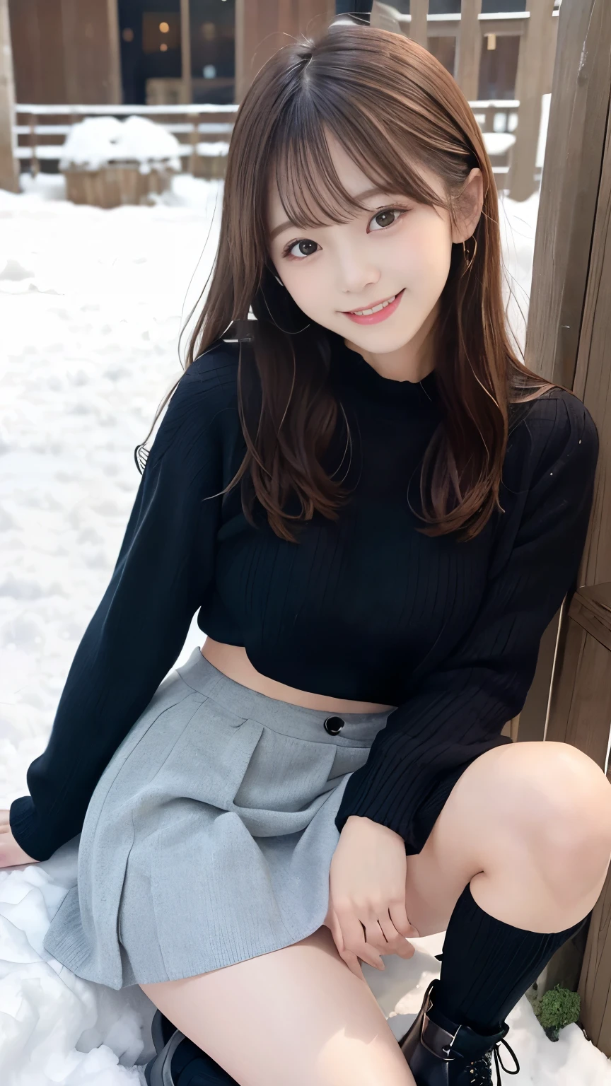 masterpiece、top quality made of straw、full body、one girl、bangs、 Japanese、 black hair、 long hair、 Long Sleeve 、snow、 knit 、smile、 alone、 stylish woman 、 brightly colored clothes 、Front 、 luxury background material 、 confident expression、Modern and trendy、 fashion focus,(( very short miniskirt ))(( knee-high))